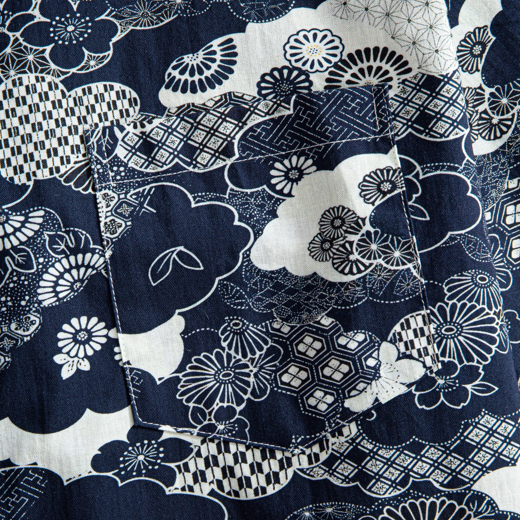 Model wearing OROMEN Seigaiha Asanoha Sakura Japanese pattern shirt – back styling