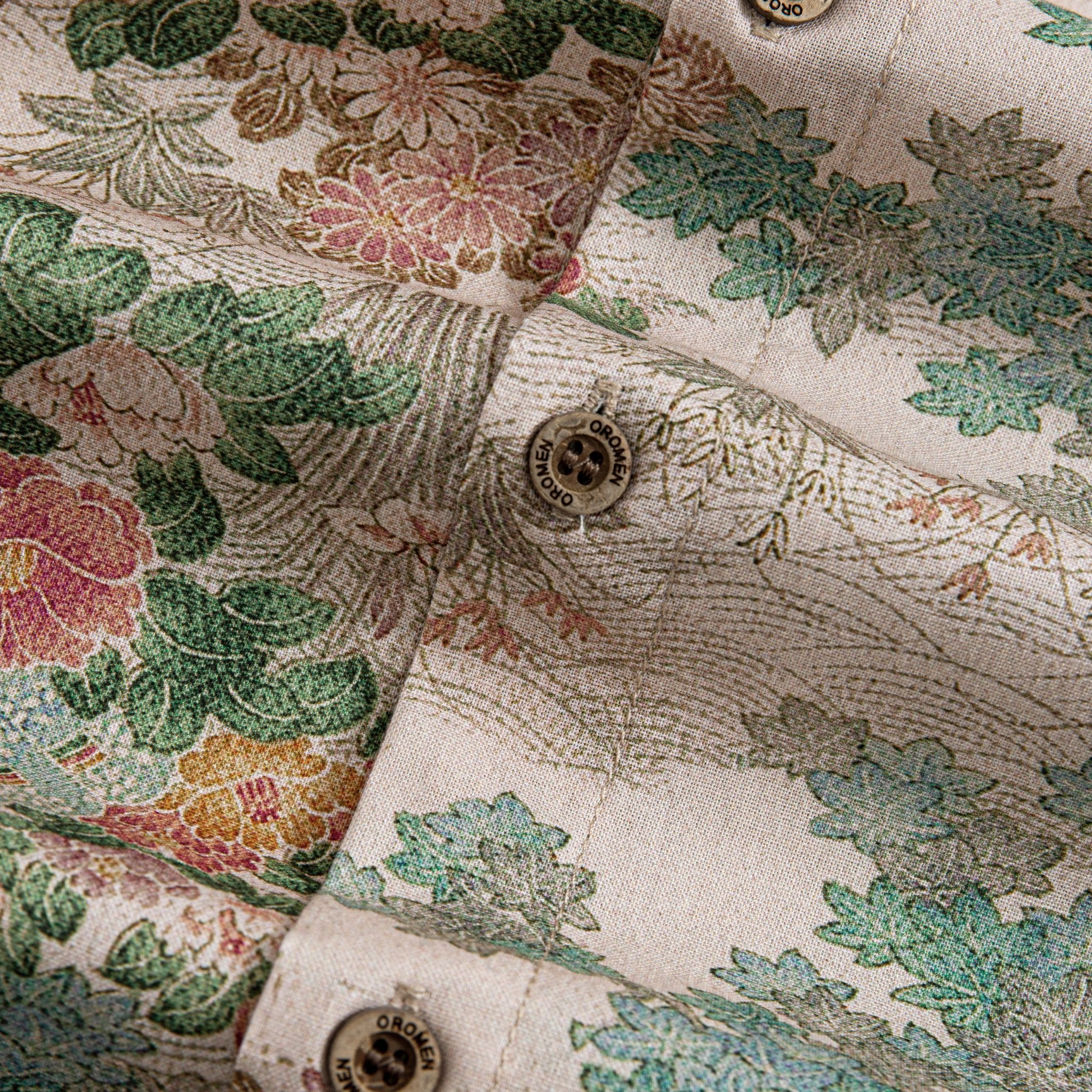 Model wearing OROMEN Ukiyoe spring scroll shirt with cherry blossom print