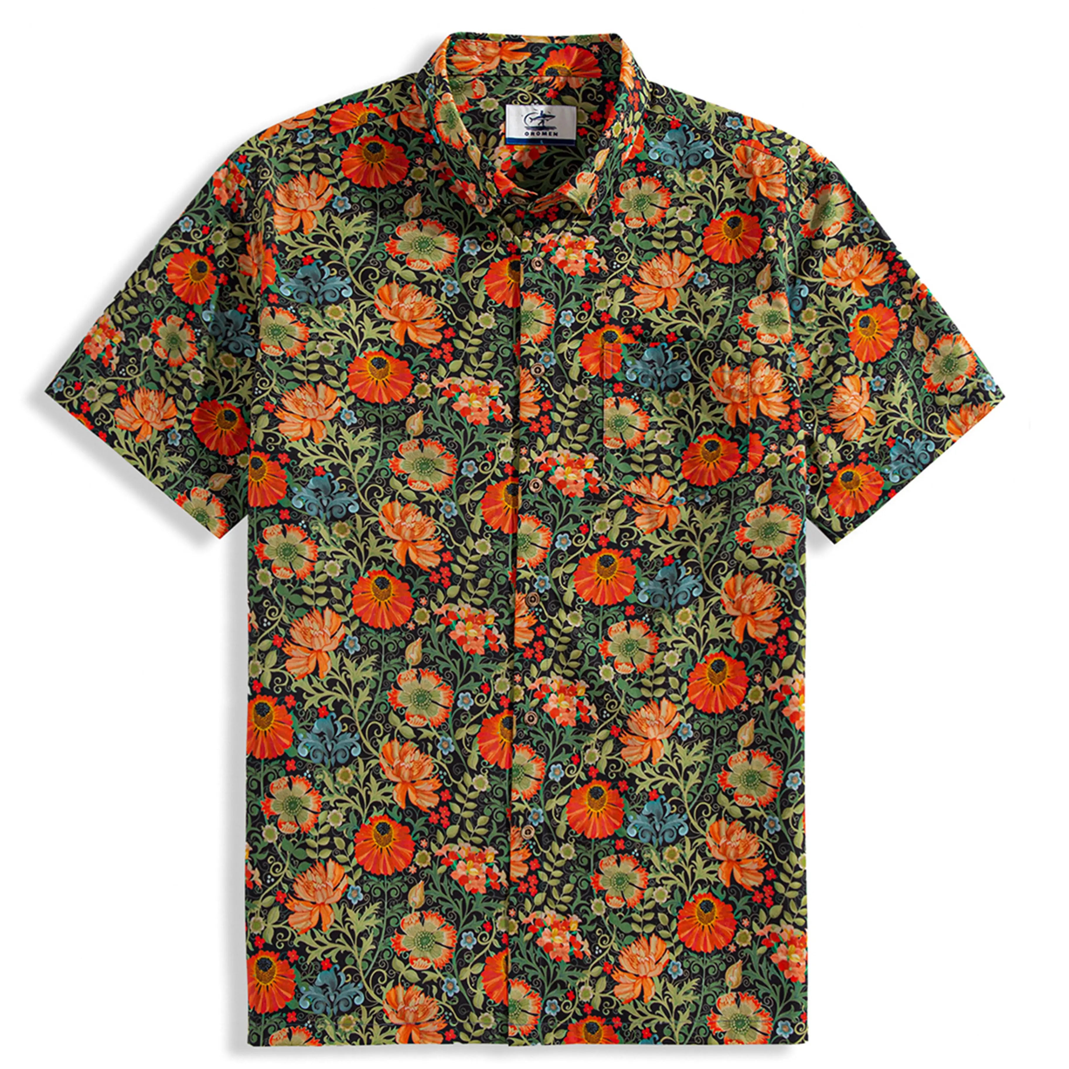 Mojito floral aloha shirt red - William Morris inspired botanical print Tencel cotton