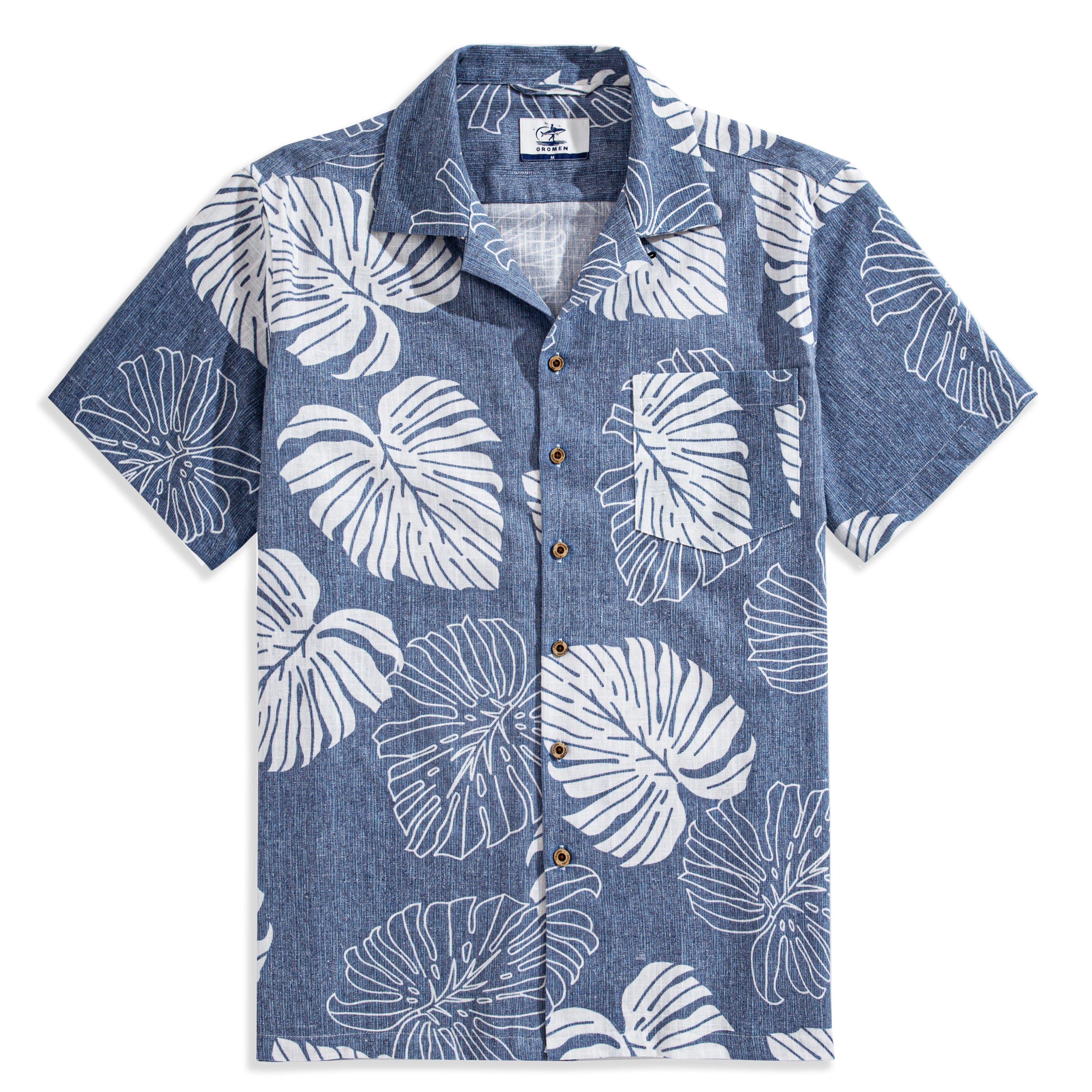 Monstera Deliciosa navy blue linen camp collar shirt with hand-painted botanical print