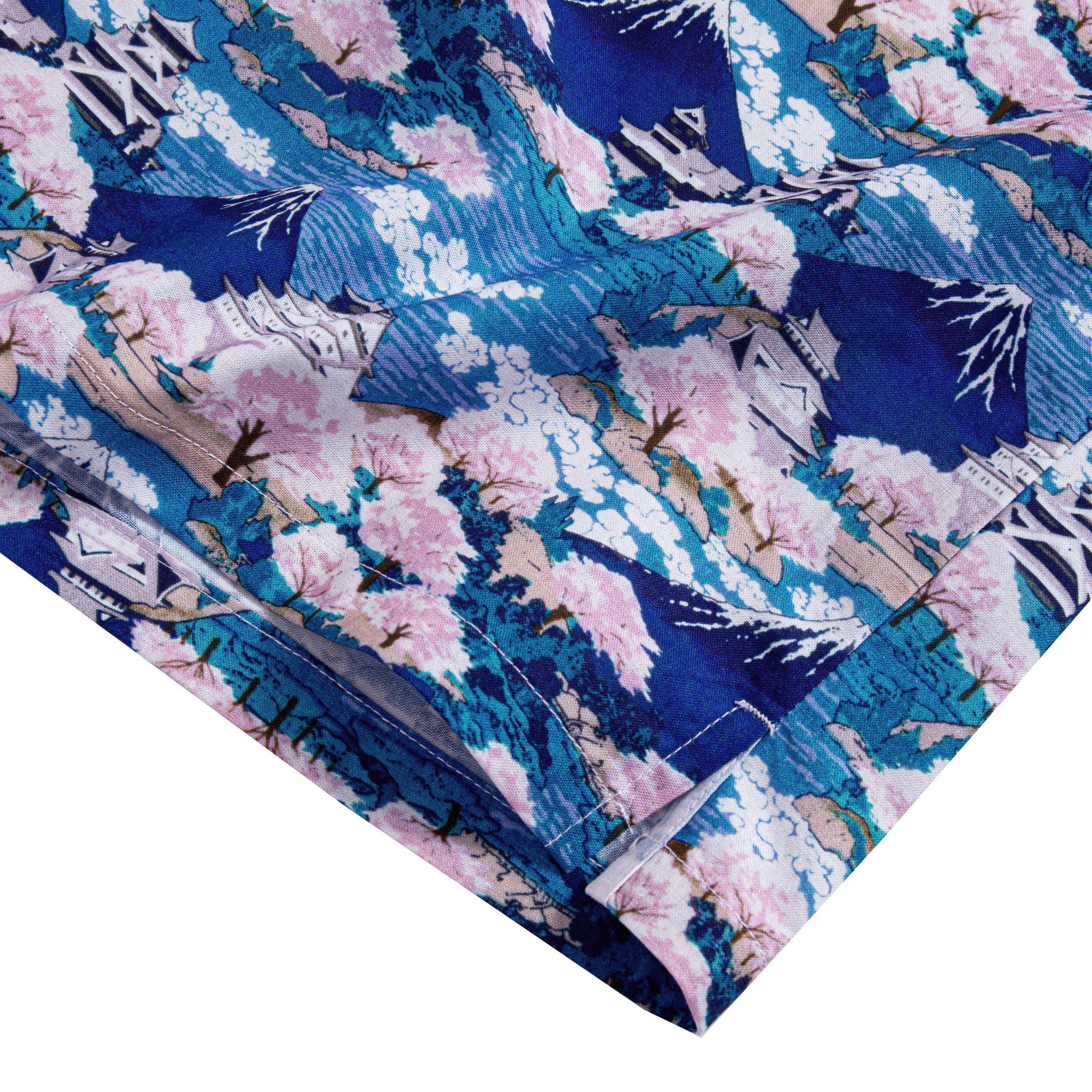 Natural coconut buttons and double needle stitching on Japanese Ukiyo-e aloha shirt