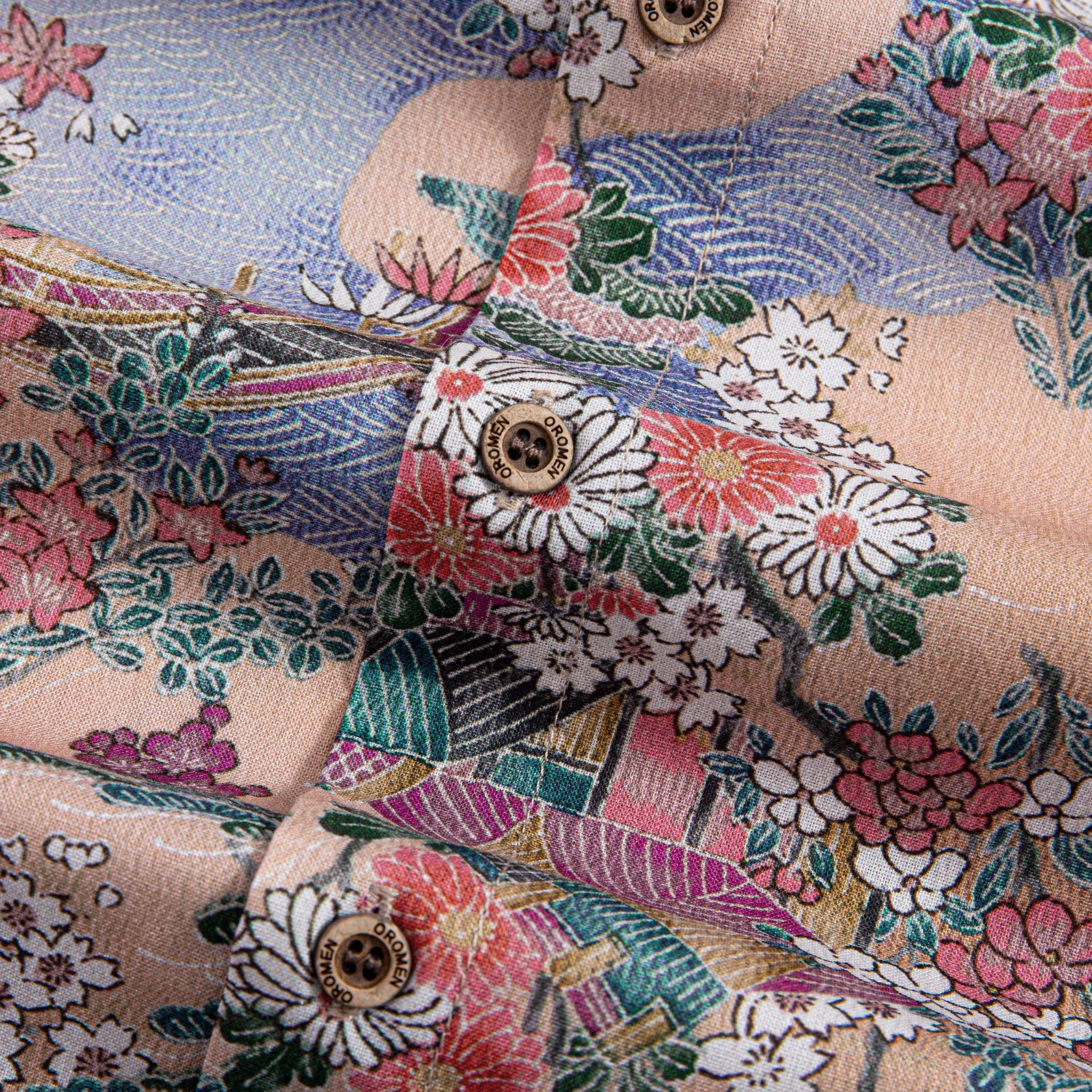 Natural coconut buttons and double needle stitching on OROMEN cotton shirt