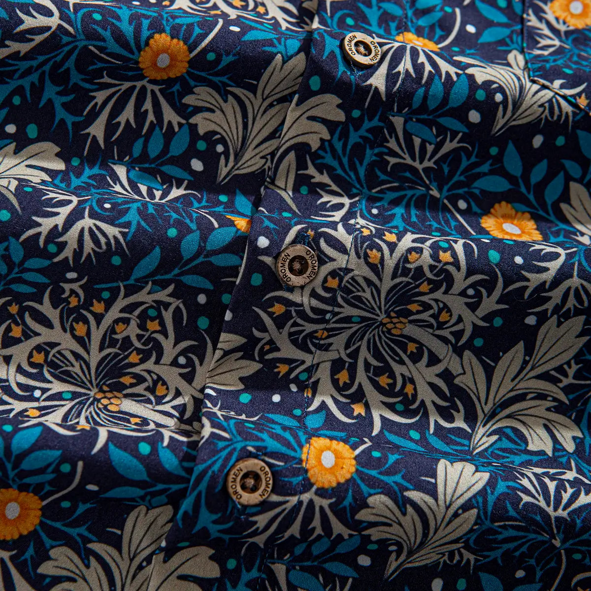 Natural coconut buttons on Honeysuckle Vines hand-painted floral shirt