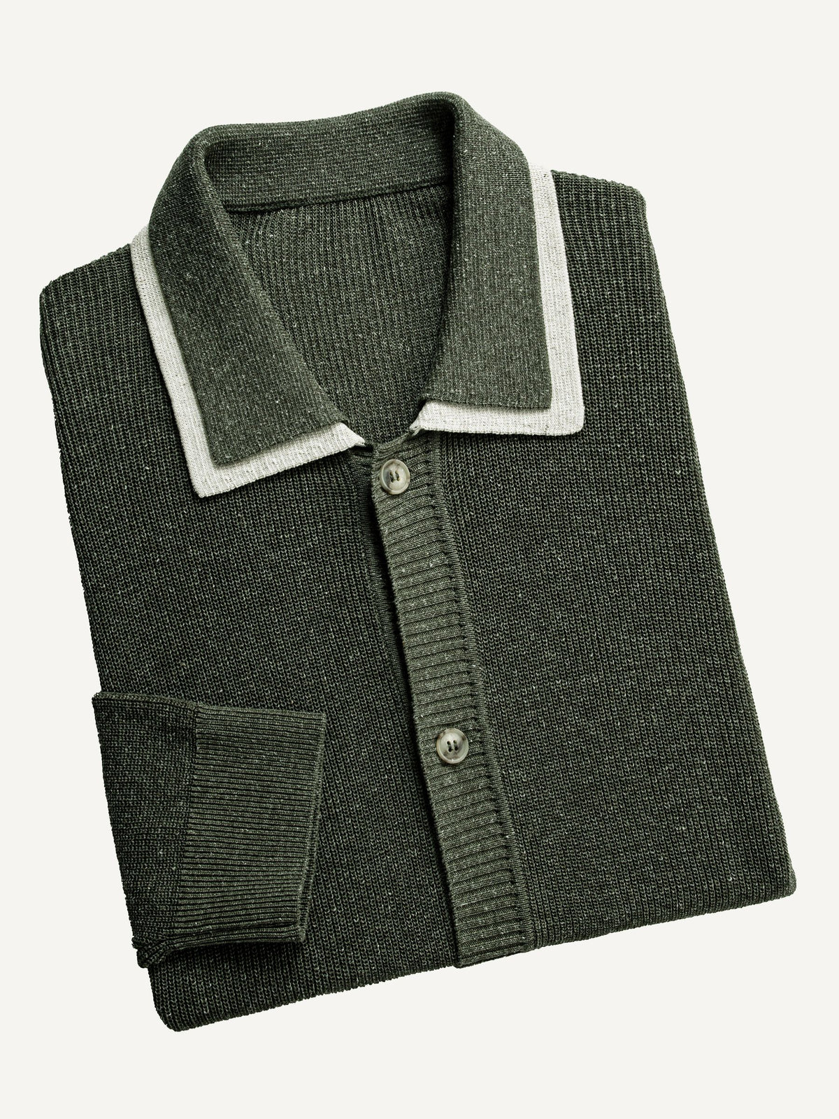 Neatly folded OROMEN Contrast Trim Polo Collar Knit Cardigan highlighting collar trim and fine ribbing