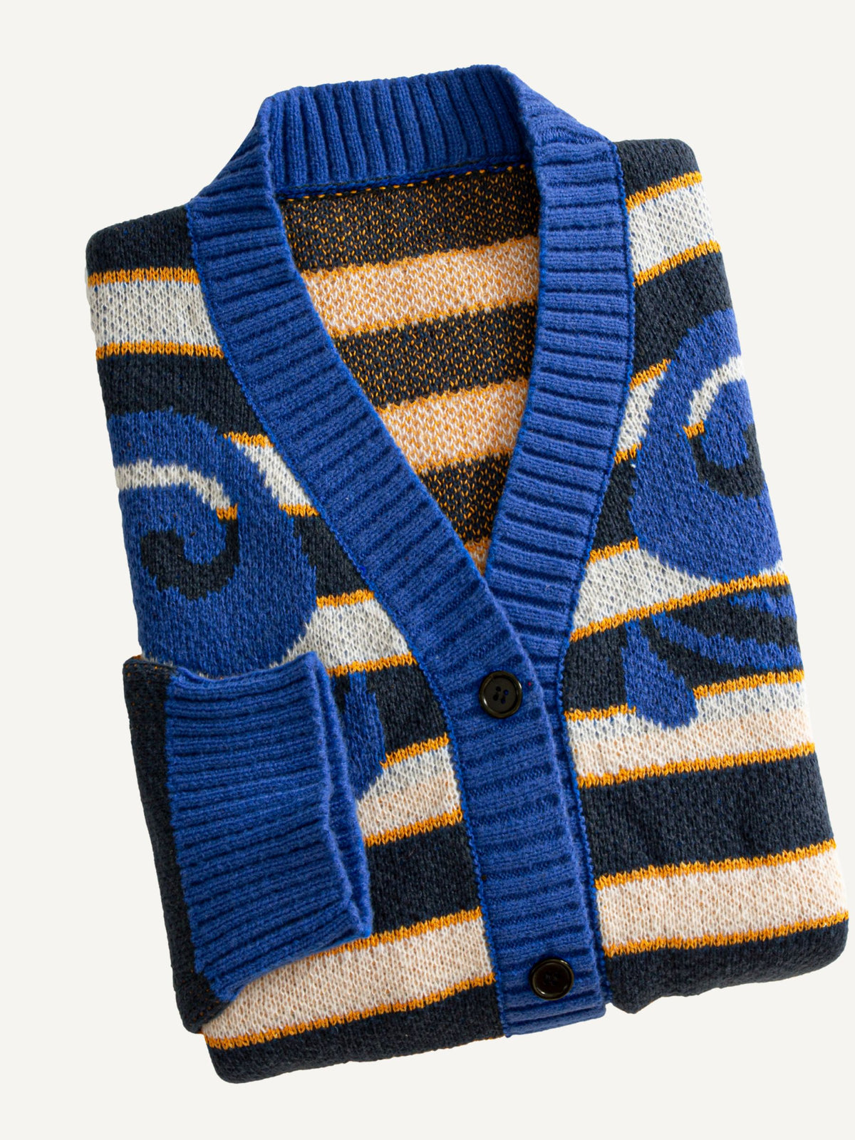 Neatly folded OROMEN Scrollwork Stripe Sweater Cardigan highlighting cobalt scrollwork and stripe design