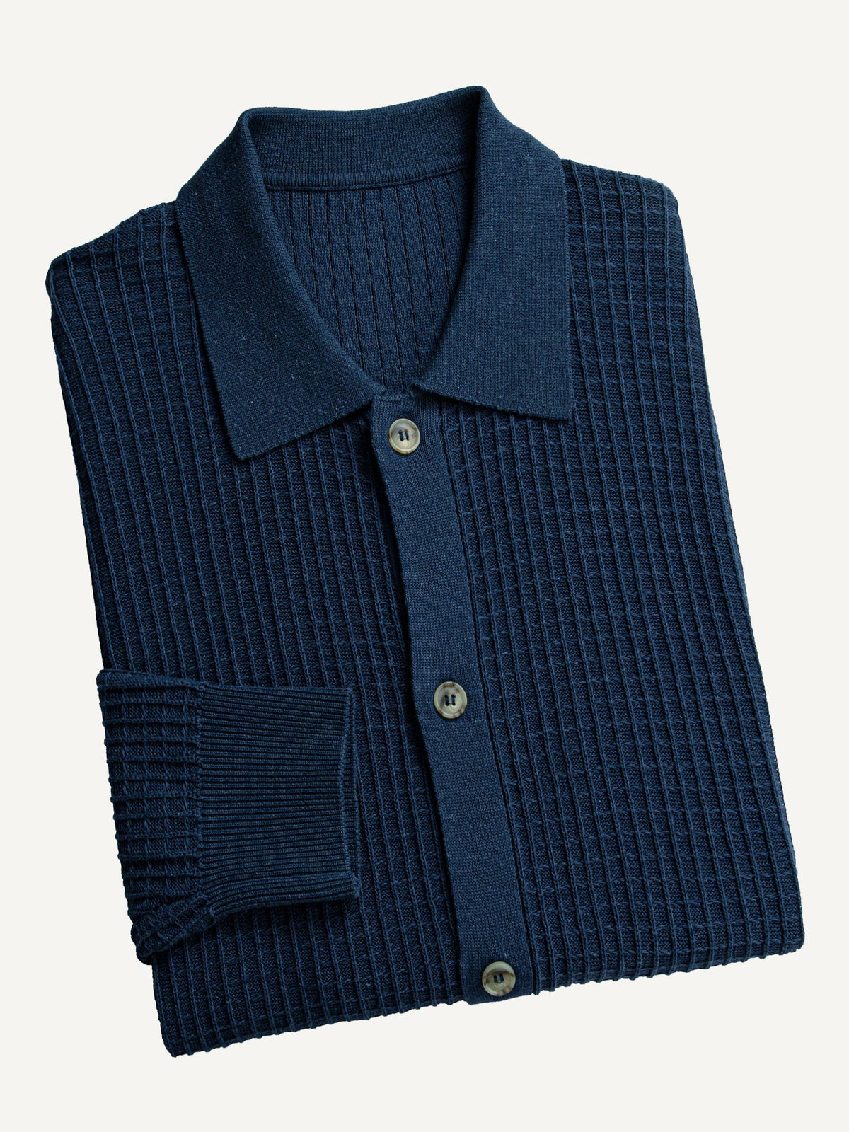 Neatly folded OROMEN indigo ribbed polo collar knit sweater cardigan