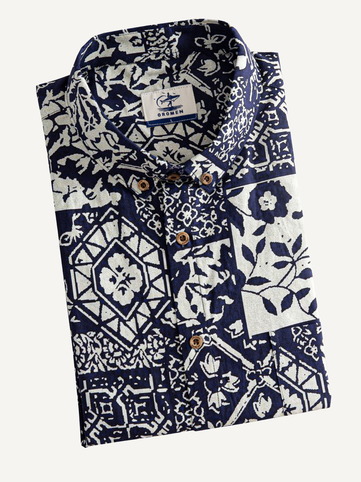 Neatly folded presentation of OROMEN Indigo Katazome Shirt