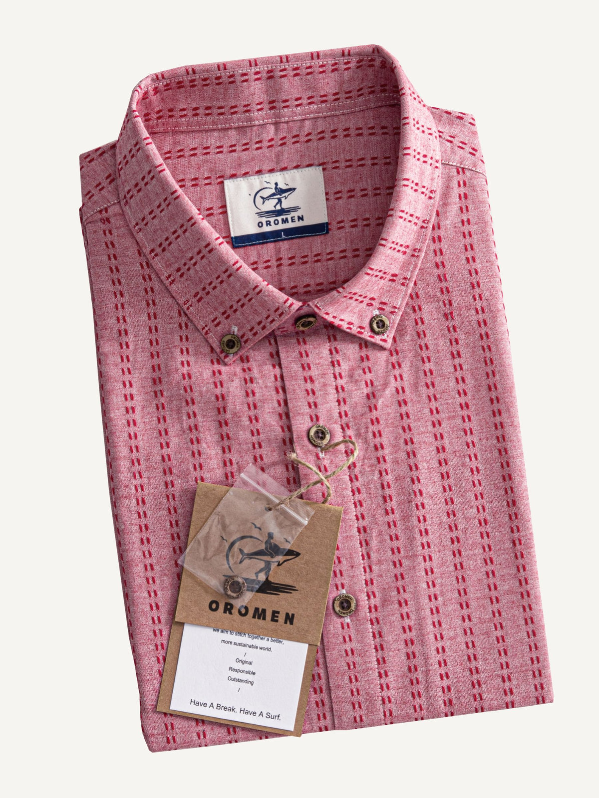Neatly folded presentation of OROMEN Sashiko Coral Cotton Shirt
