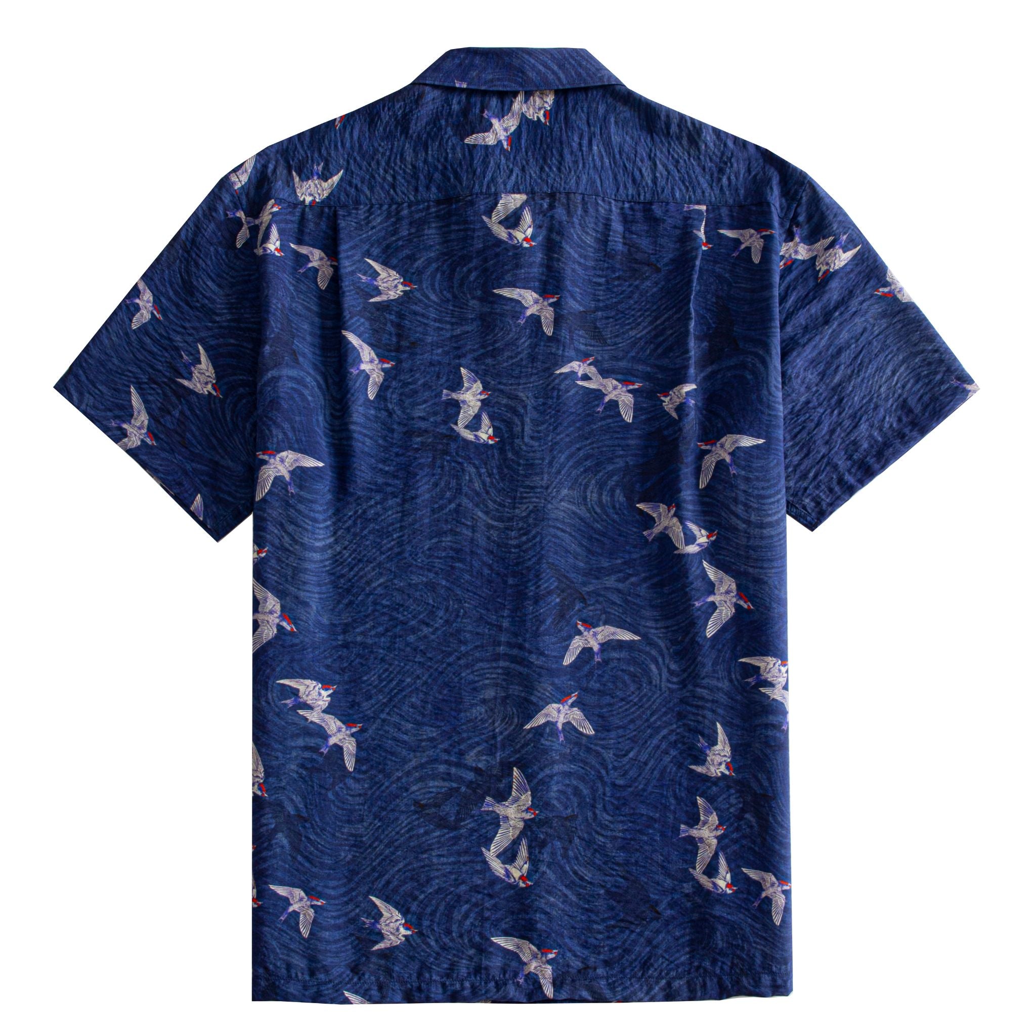 OROMEN Arctic Tern Shirt — back view showing full all-over arctic tern print on navy blue cotton
