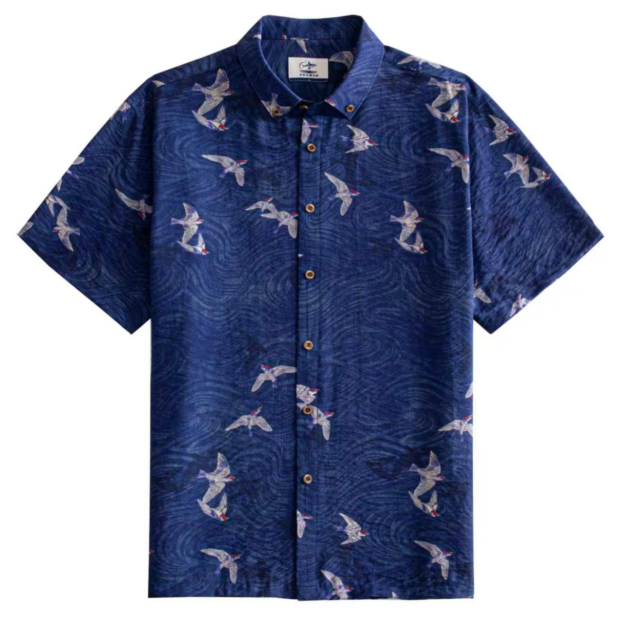 OROMEN Arctic Tern Shirt — front view, navy blue all-over seabird print, button-down collar