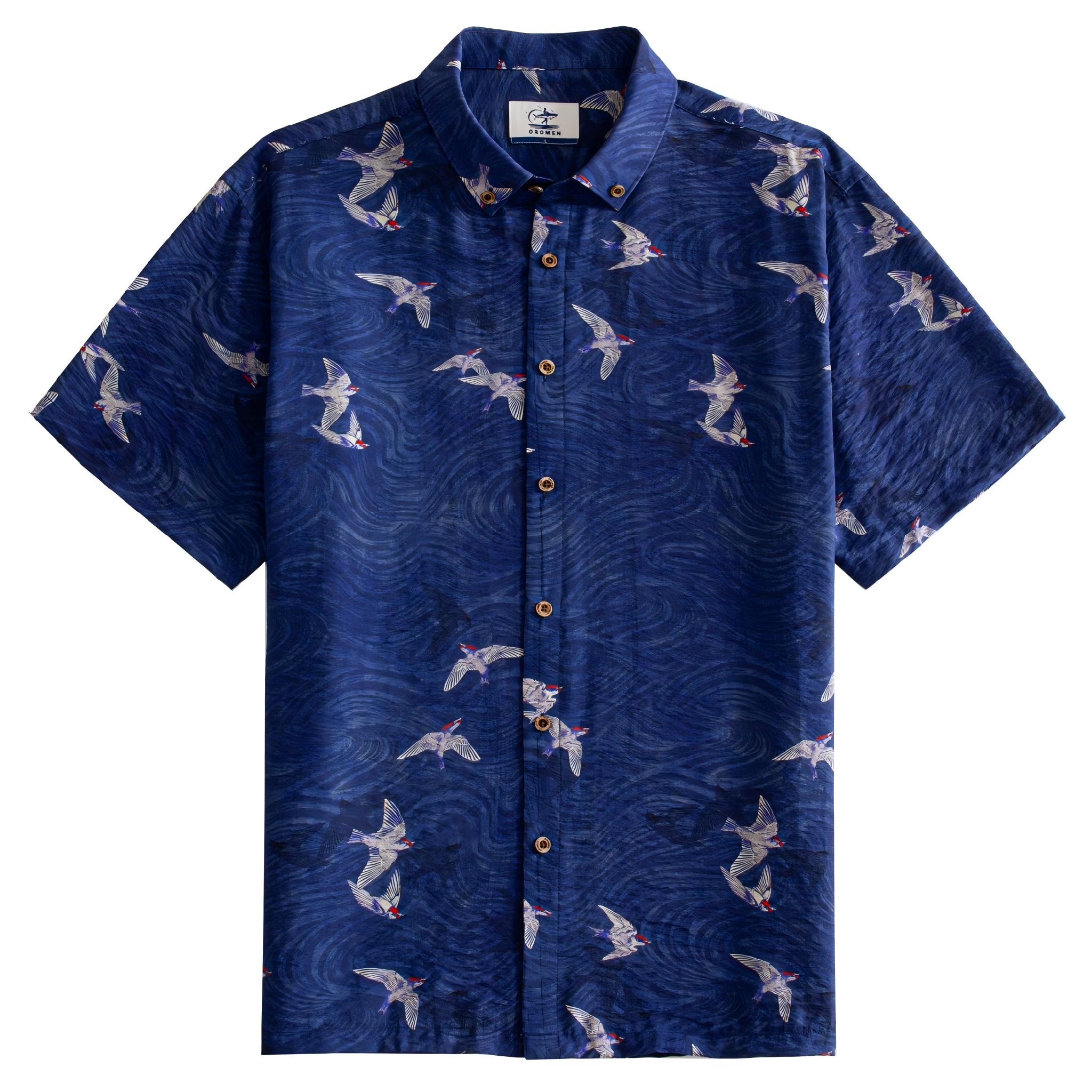 OROMEN Arctic Tern Shirt — front view, navy blue all-over seabird print, button-down collar
