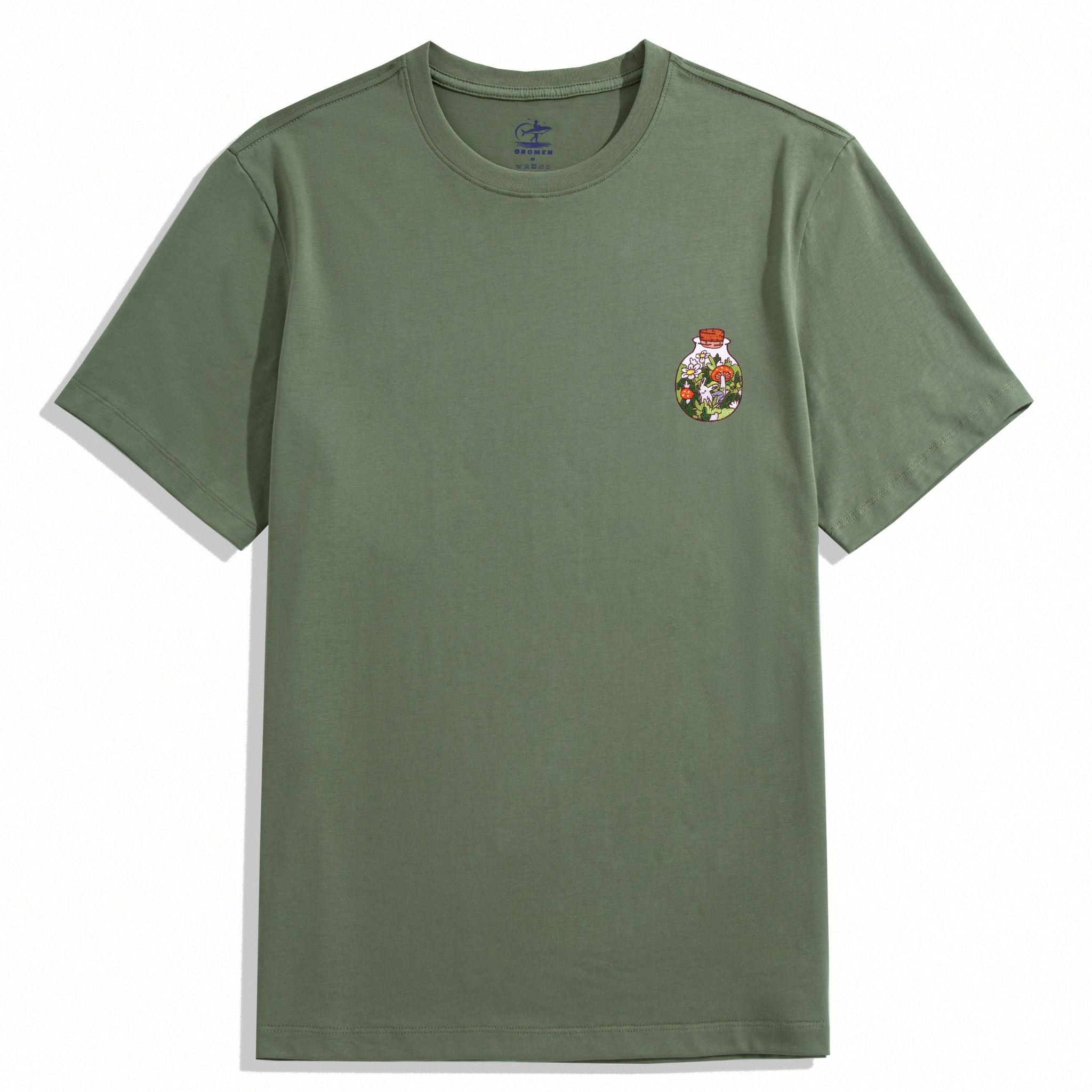 OROMEN Army Green Bottle Garden Embroidery T-Shirt – Front View