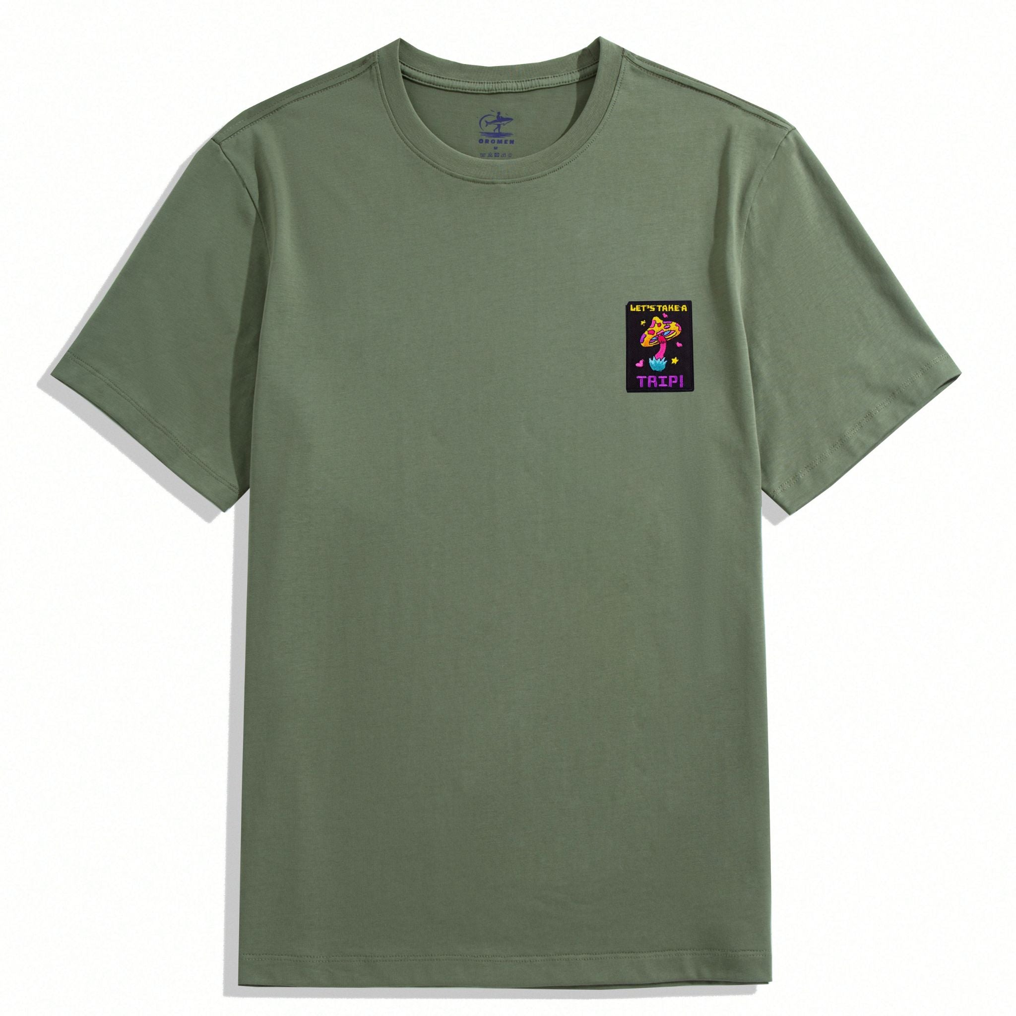 OROMEN Army Green "Let's Take A Trip" Mushroom Embroidery T-Shirt – Front View