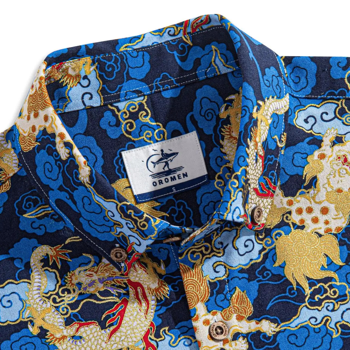 OROMEN Auspicious Clouds and Dragons Shirt – Button-Down Collar Detail