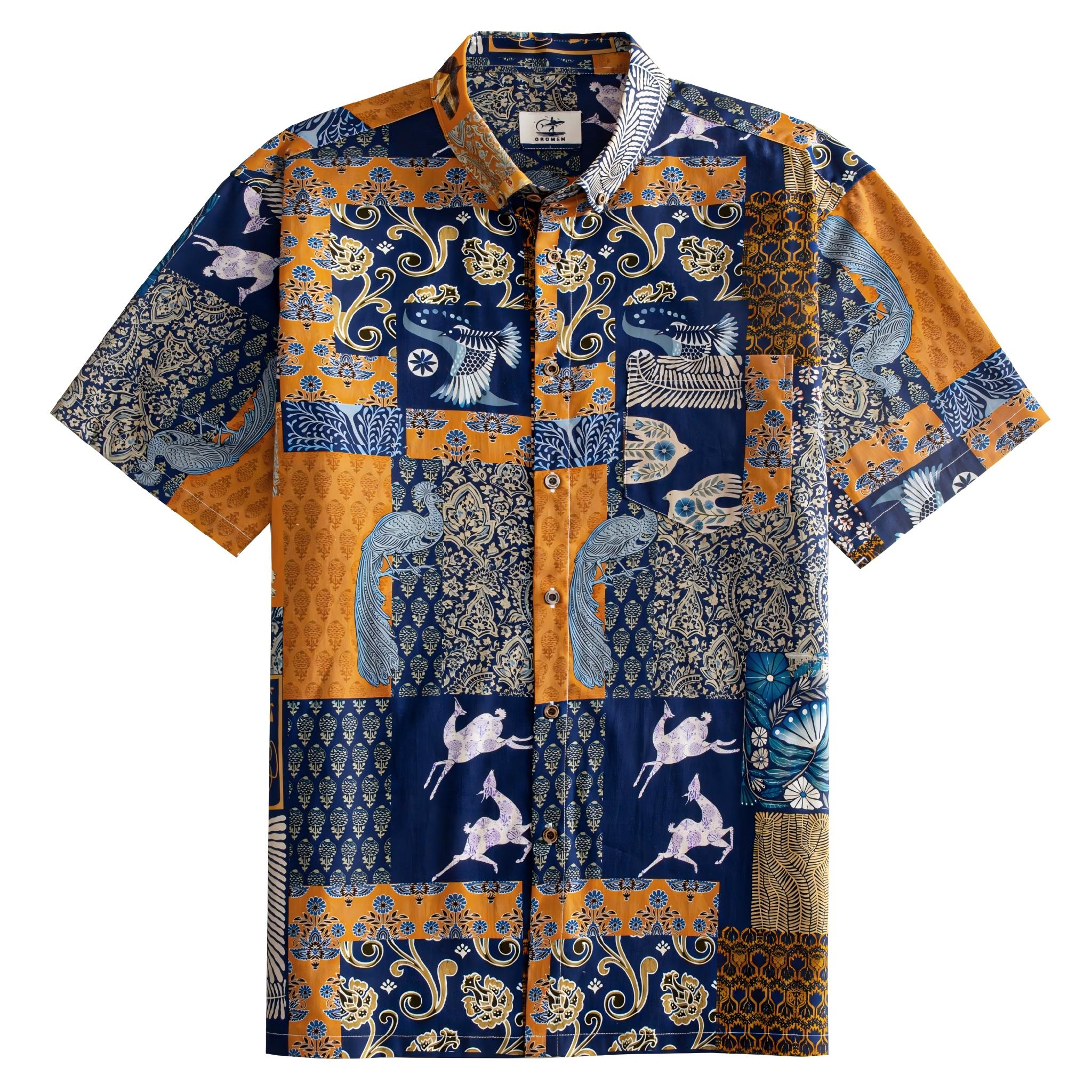 OROMEN Aviary Patchwork Hawaiian shirt front flat lay showing full patchwork block layout with peacocks, folk birds and botanical motifs in navy blue and amber orange