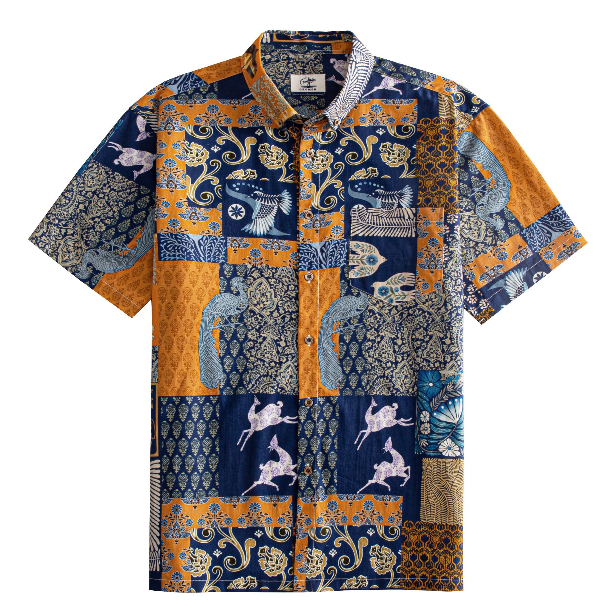 OROMEN Aviary Patchwork Hawaiian shirt front flat lay showing full patchwork block layout with peacocks, folk birds and botanical motifs in navy blue and amber orange