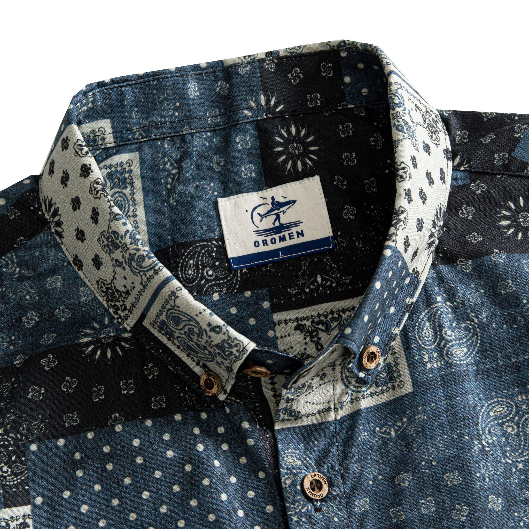 OROMEN Bandana Patchwork shirt button-down collar and branded label detail, indigo black and off-white bandana patchwork