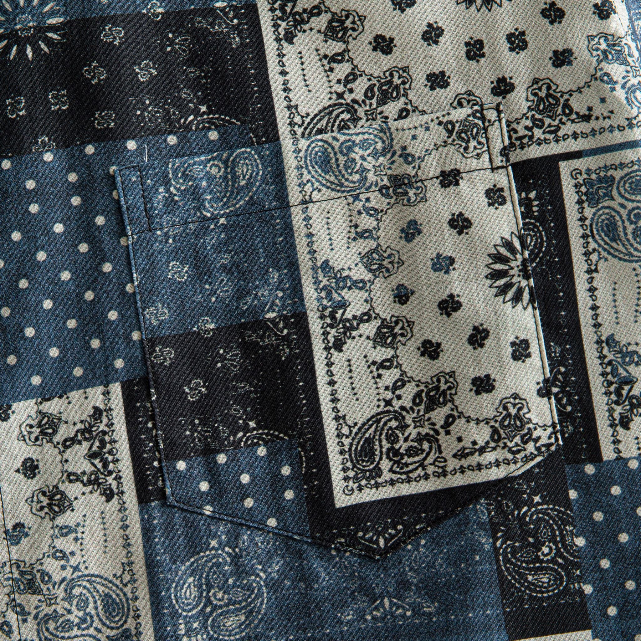 OROMEN Bandana Patchwork shirt chest pocket detail, indigo and black paisley bandana patchwork print