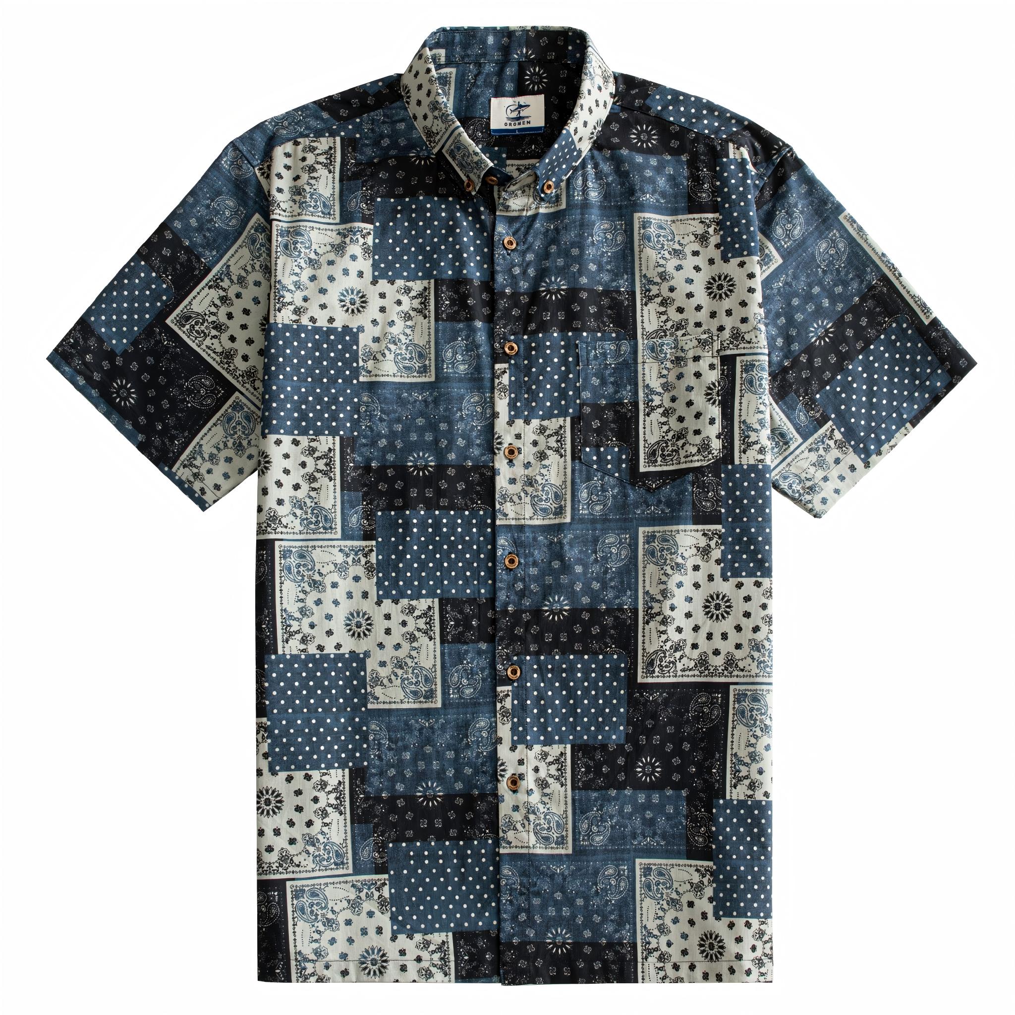 OROMEN Bandana Patchwork shirt front flat lay, allover indigo, black and off-white paisley bandana patchwork print