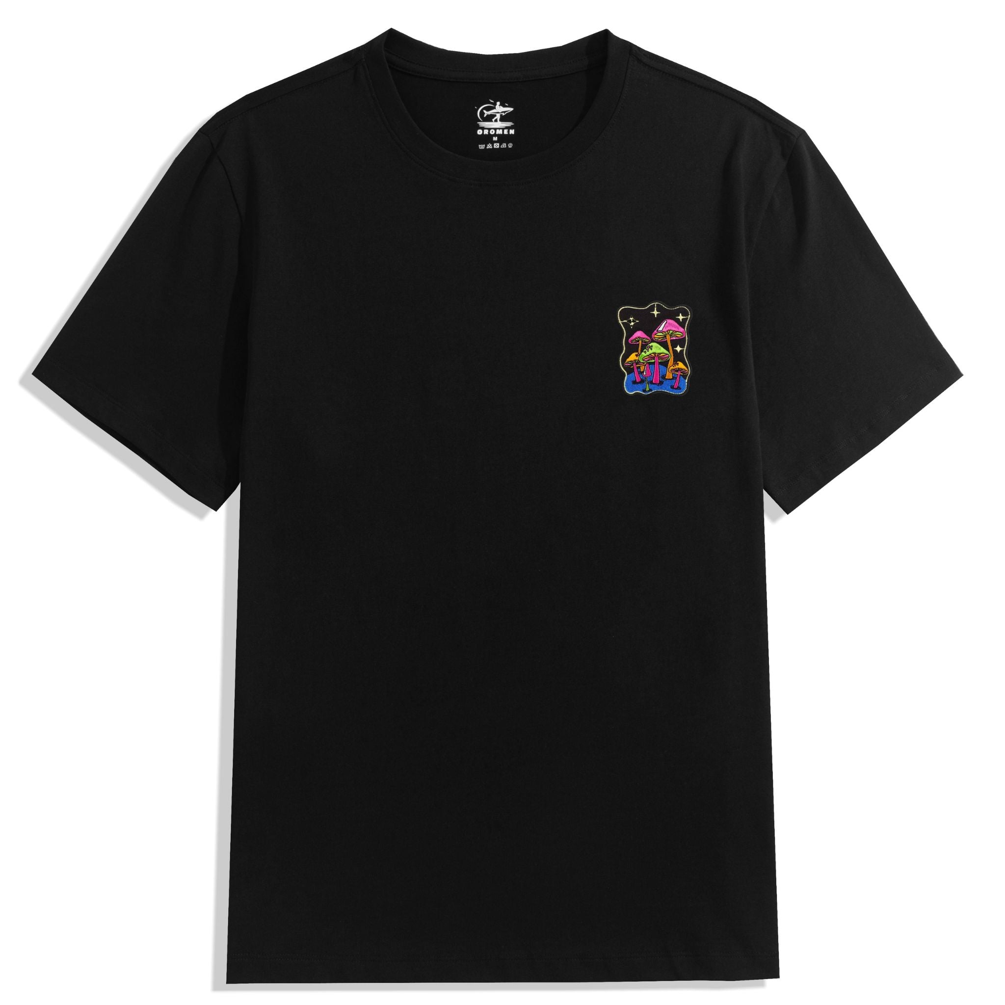 OROMEN Black 100% Cotton Crew Neck Psychedelic Mushroom Embroidery T-Shirt