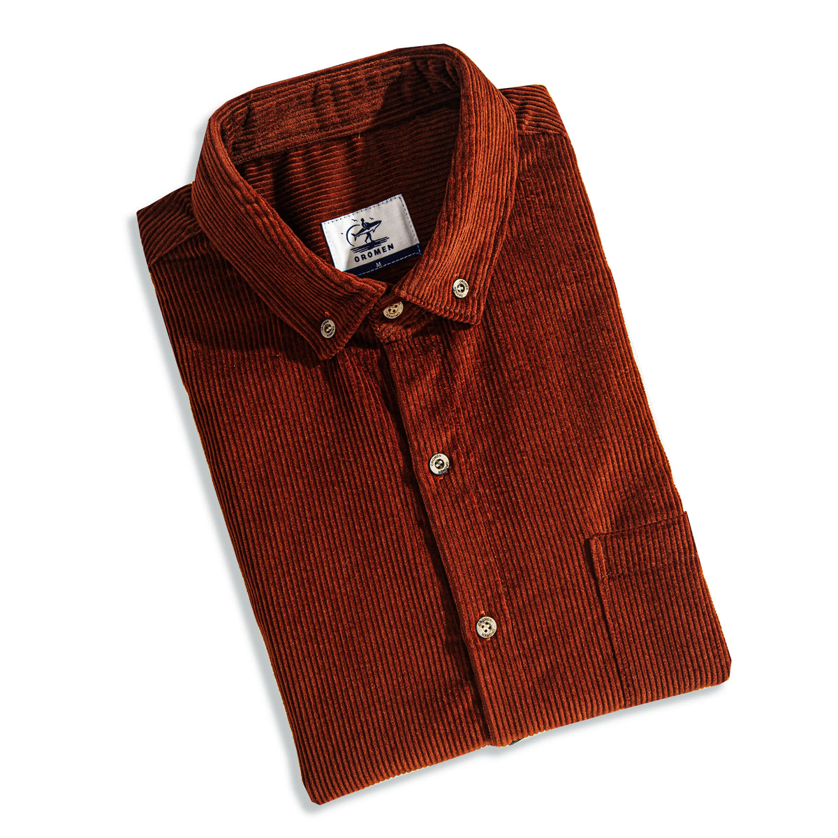 OROMEN Burgundy Cotton Corduroy Shirt Folded Flat Lay – Soft Corduroy Texture