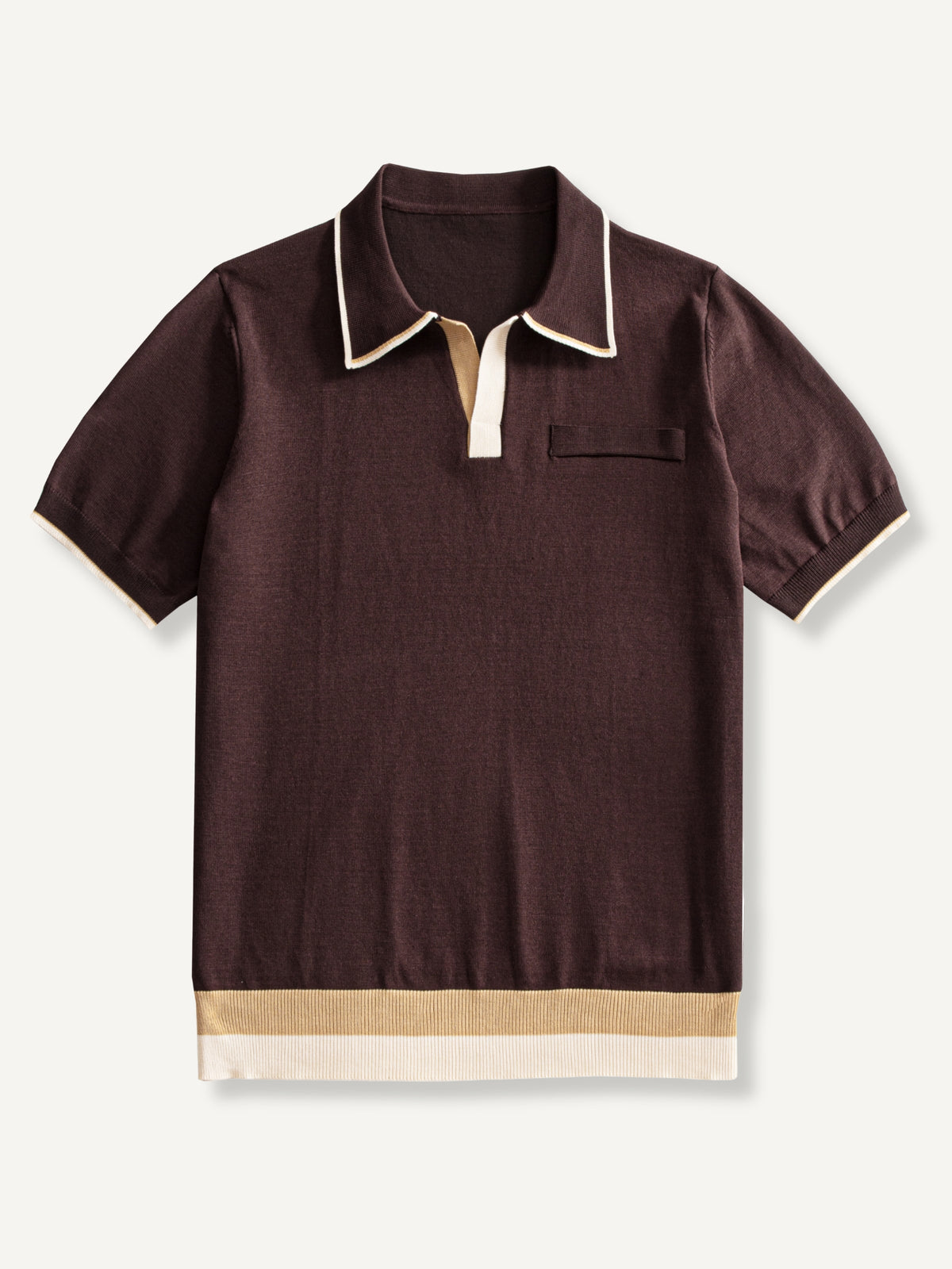 OROMEN Casa Mocha Knit Polo front flat lay in chocolate brown with contrast collar tipping