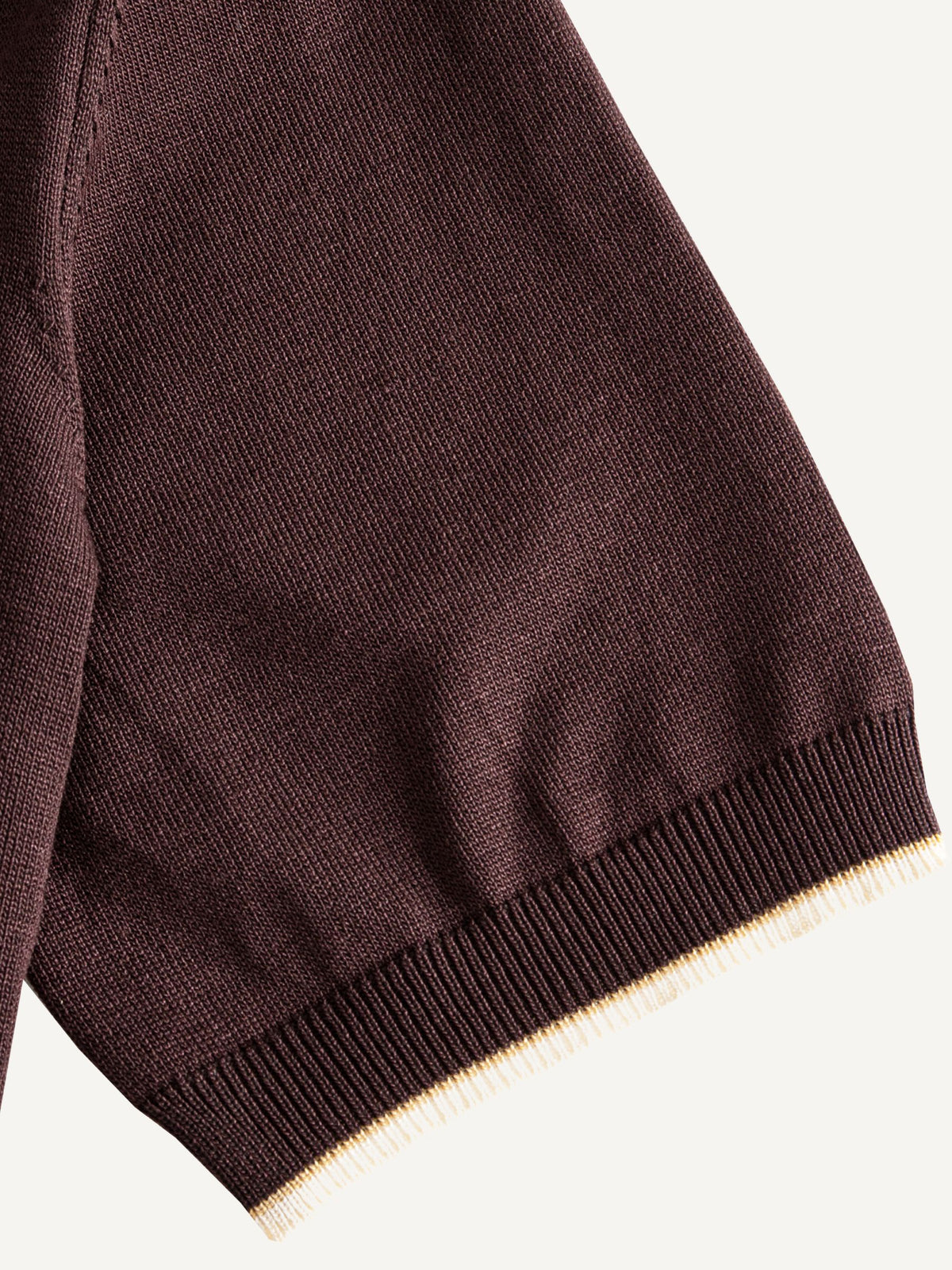 OROMEN Casa Mocha Knit Polo short sleeve cuff detail displaying ribbed knit with contrast tipping