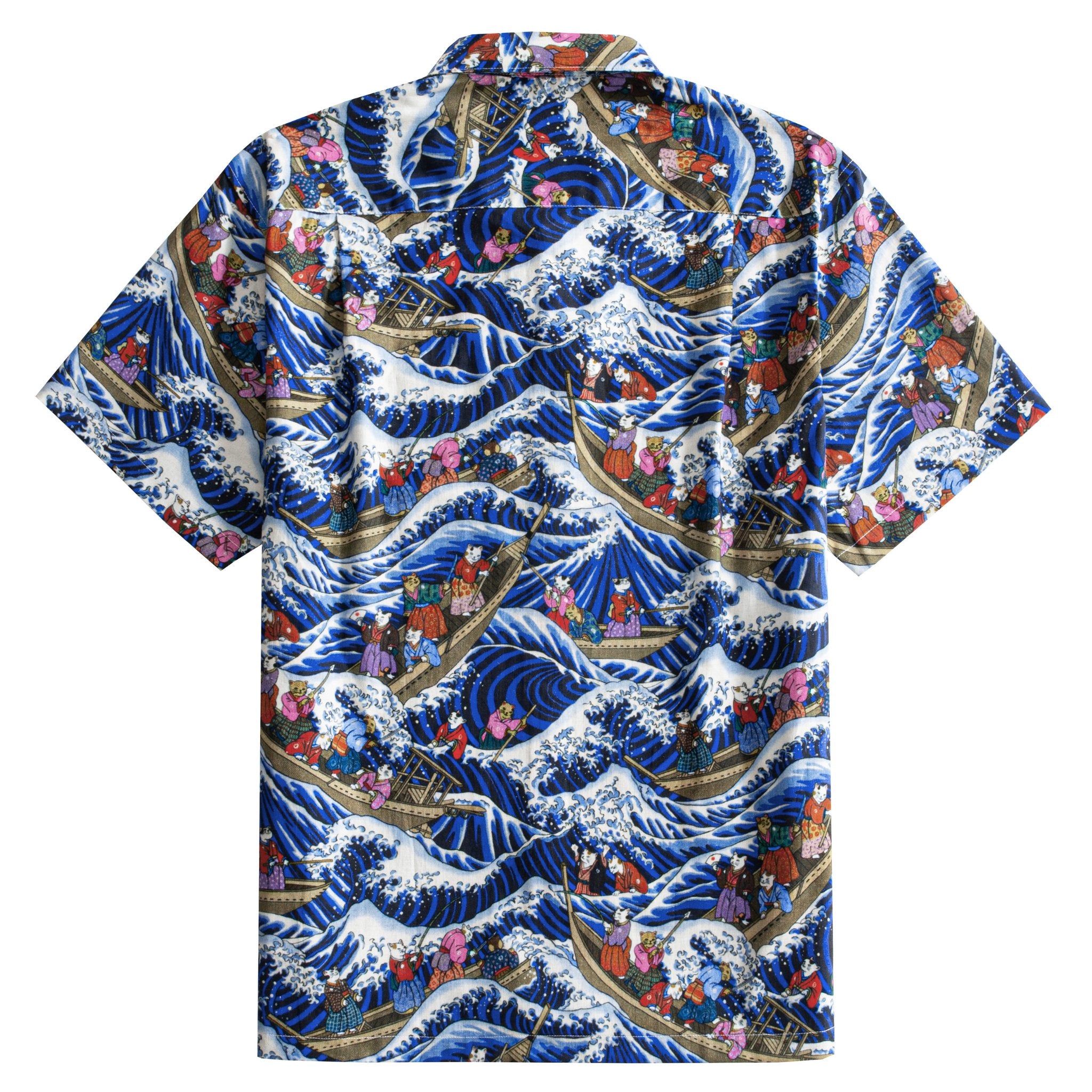 OROMEN Cat Yokai Hokusai Great Wave Japanese Cotton Shirt – Back View