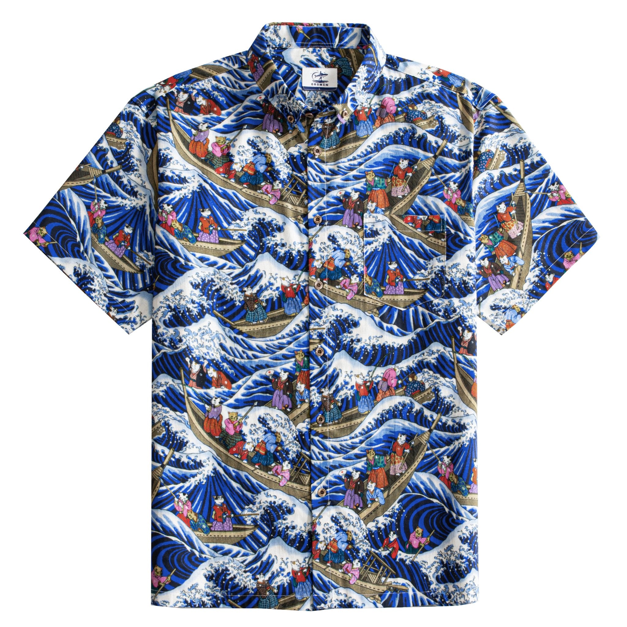 OROMEN Cat Yokai Hokusai Great Wave Japanese Cotton Shirt – Front View