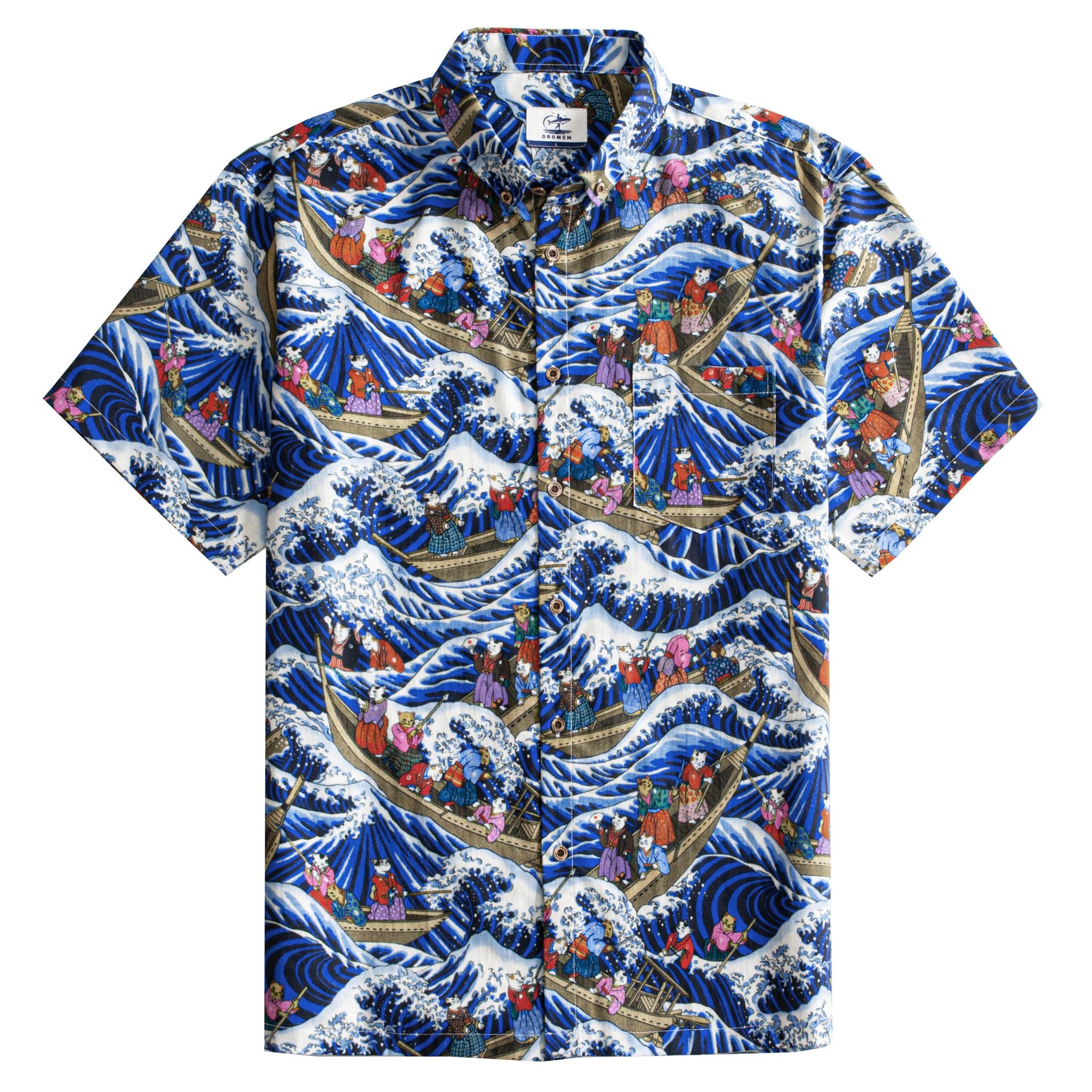 OROMEN Cat Yokai Hokusai Great Wave Japanese Cotton Shirt – Front View