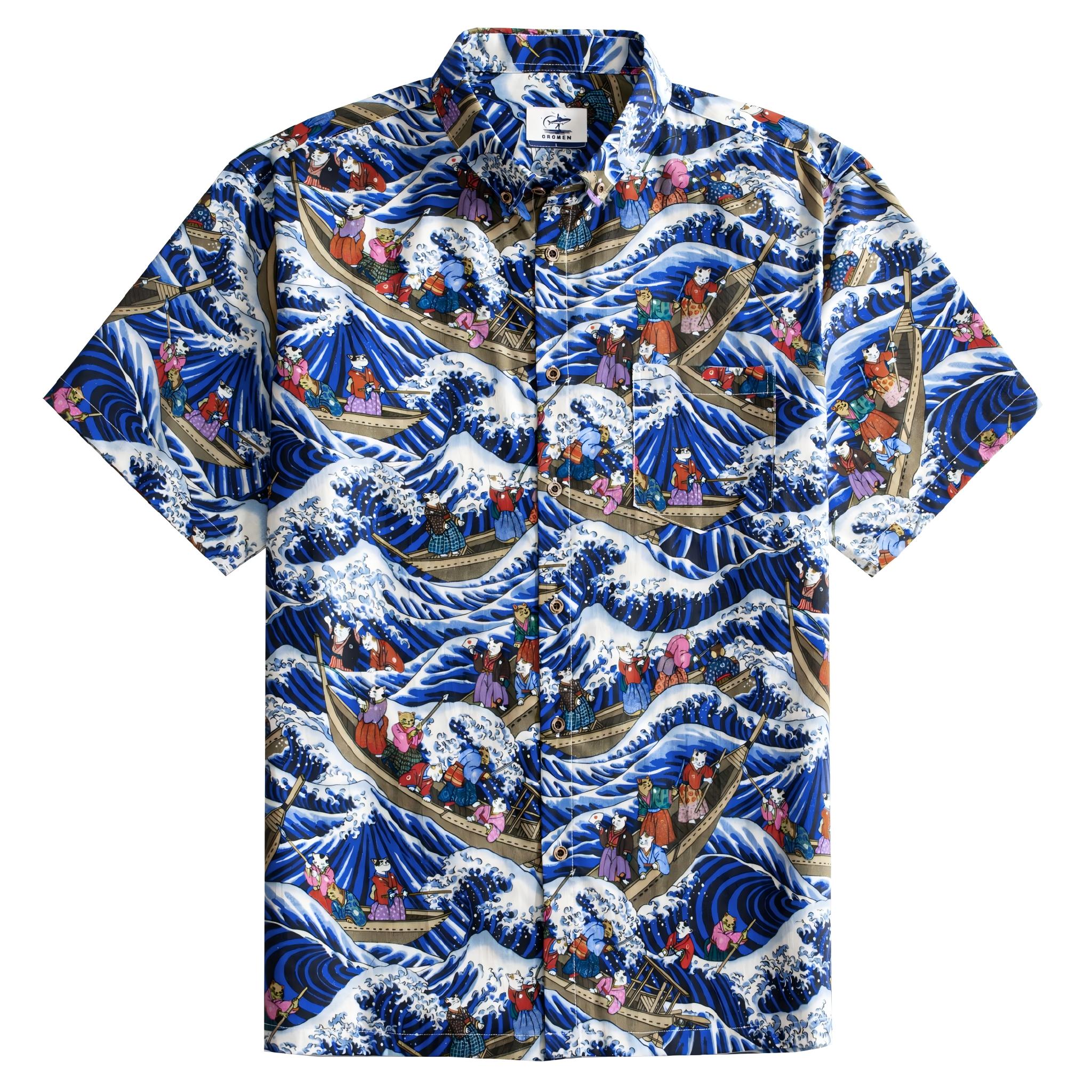 OROMEN-Cat-Yokai-Hokusai-Great-Wave-Japanese-Cotton-Shirt-Front-View