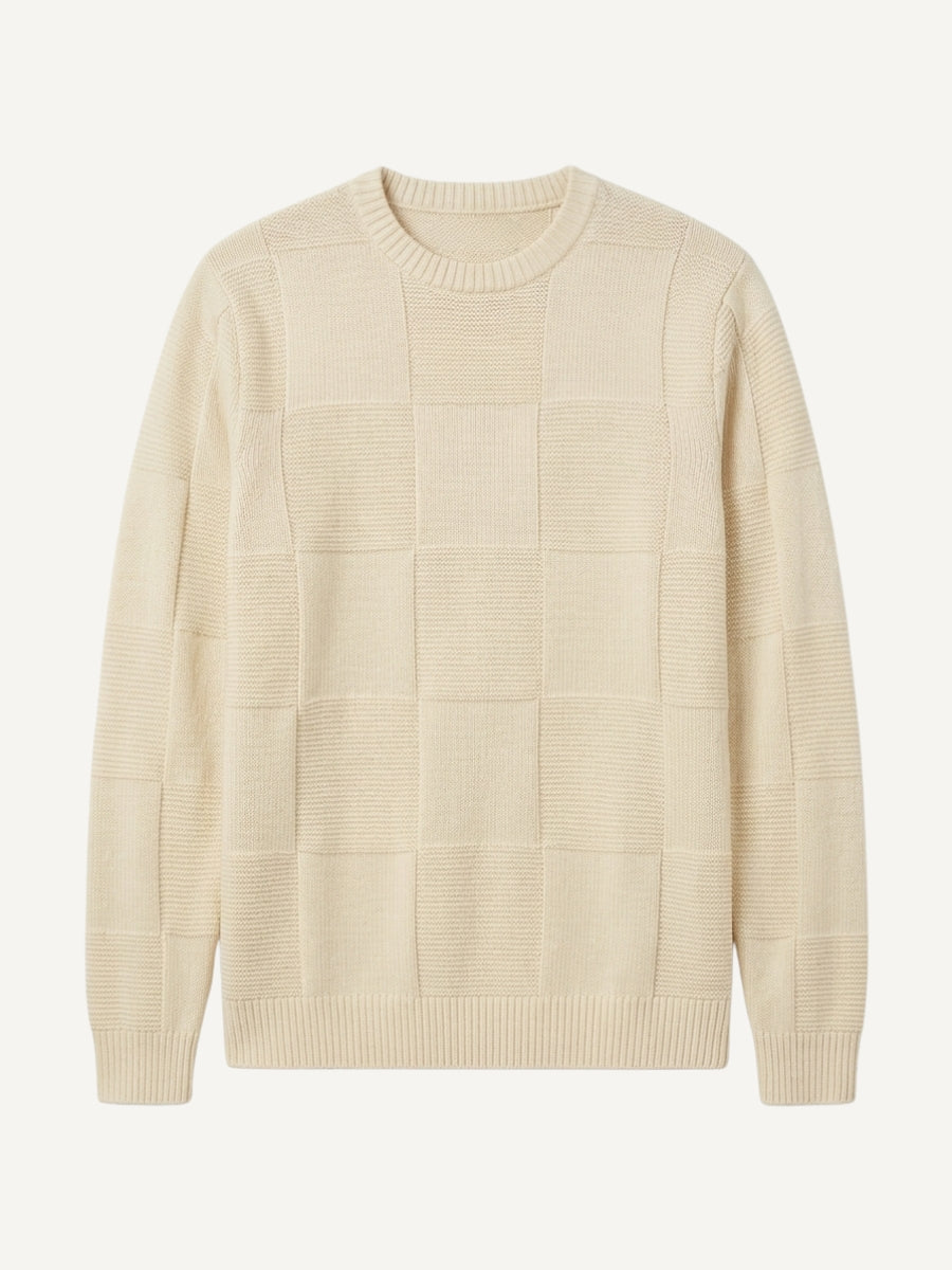 OROMEN Checkerboard Textured Sweater front flat lay in cream white with geometric block knit