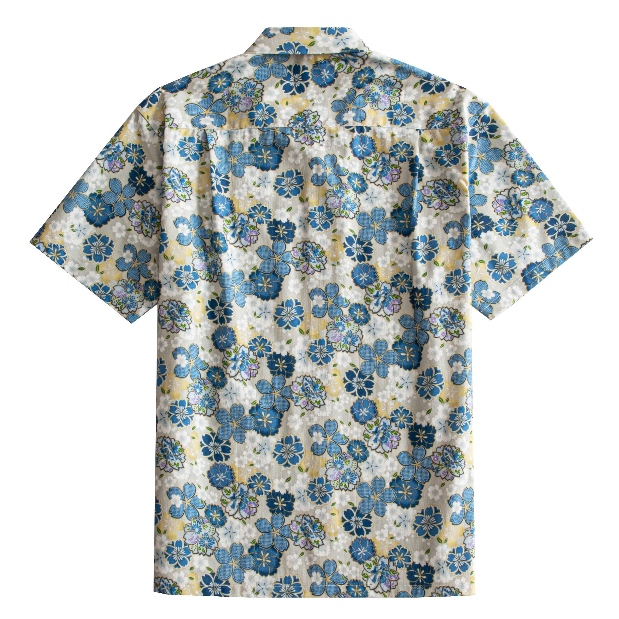 OROMEN Cherry Blossoms in Full Bloom shirt back flat lay, full allover blue sakura print