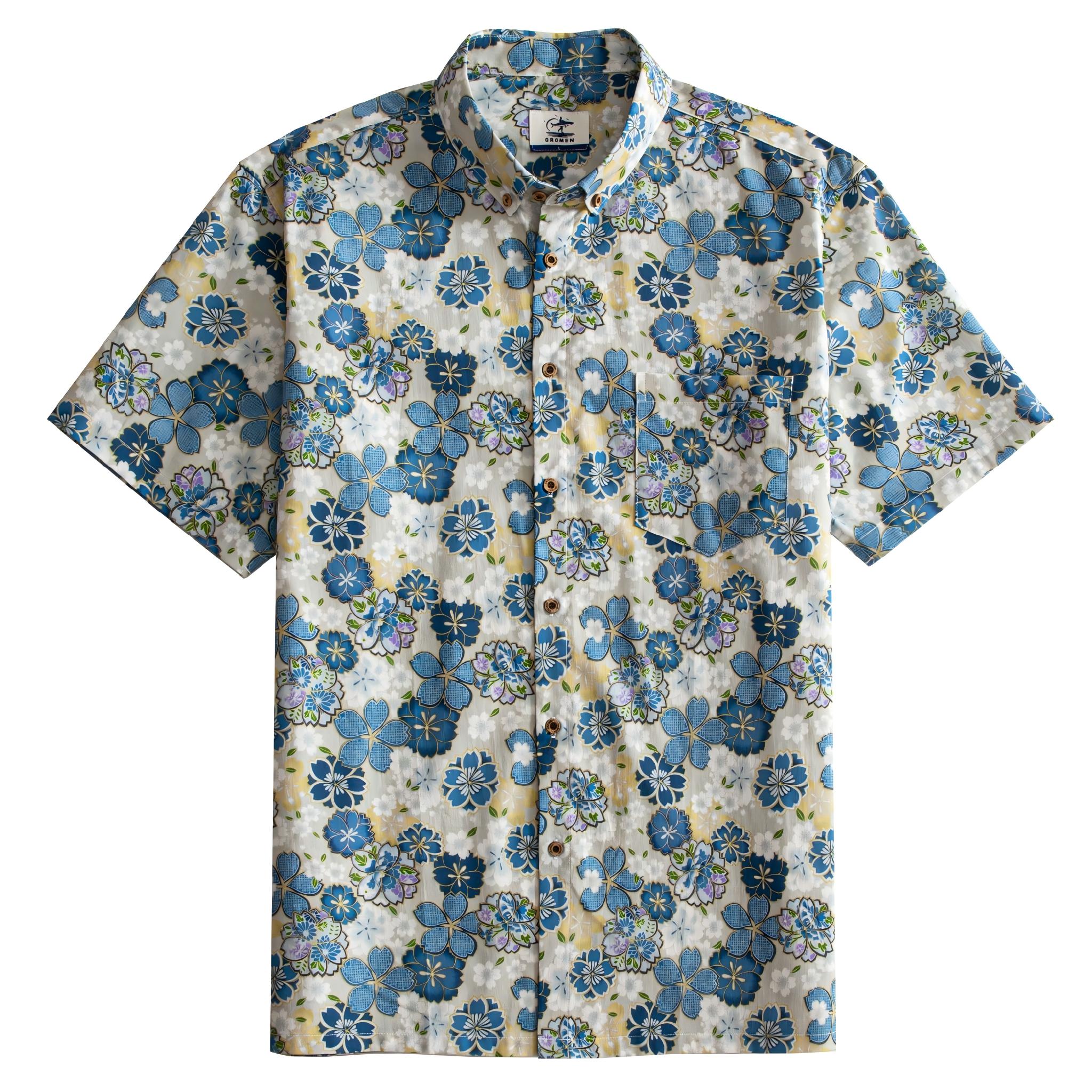 OROMEN Cherry Blossoms in Full Bloom shirt front flat lay, blue sakura print on cream