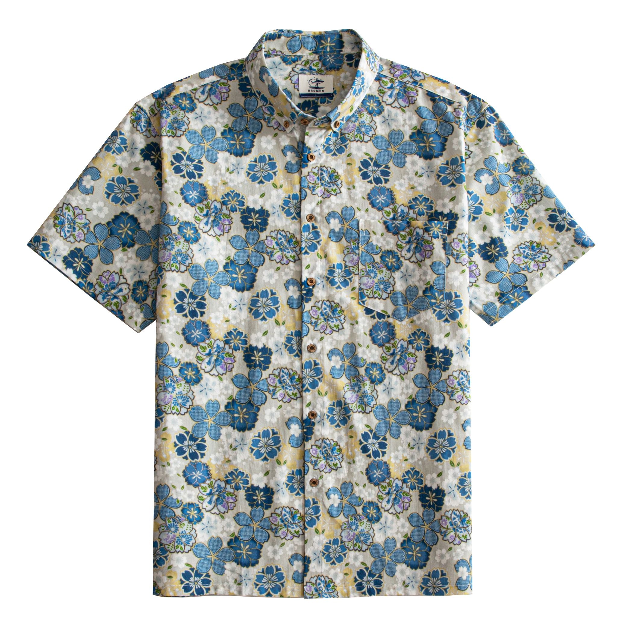 OROMEN Cherry Blossoms in Full Bloom shirt front flat lay, blue sakura print on cream