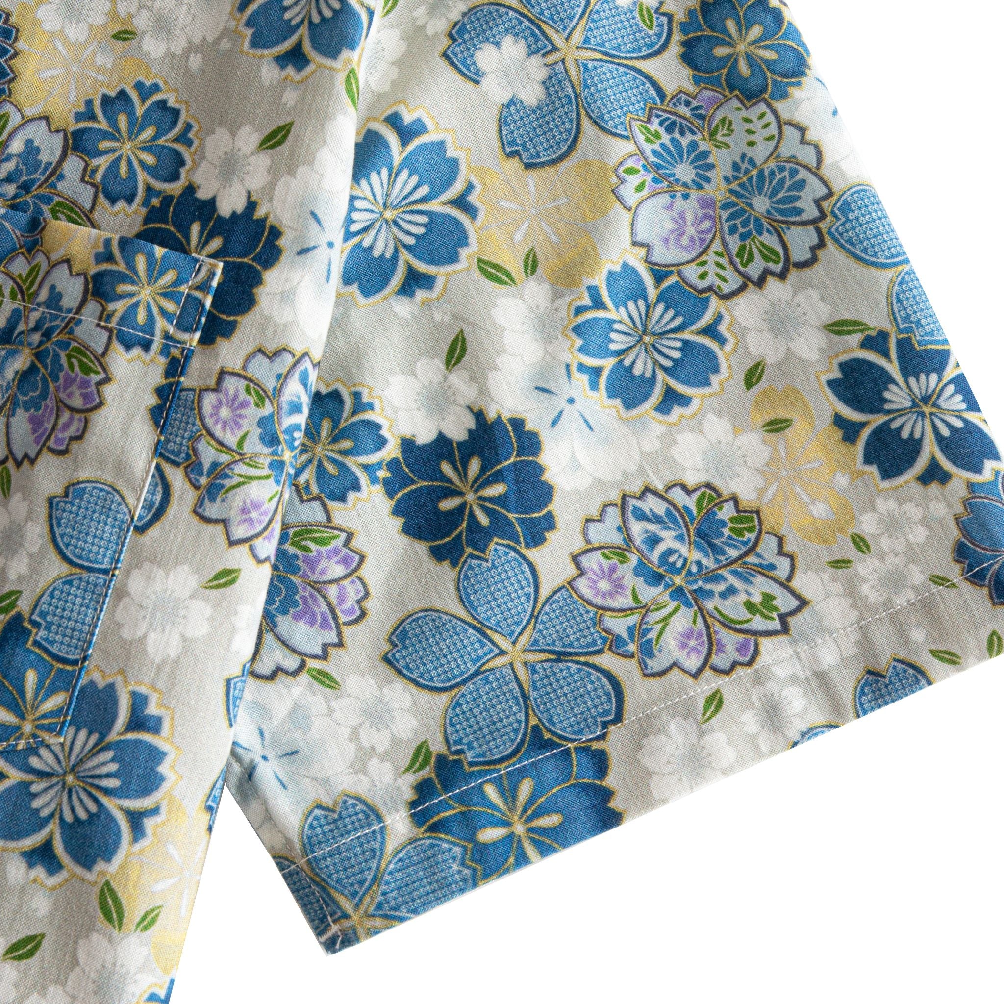 OROMEN Cherry Blossoms in Full Bloom shirt sleeve, blue sakura print with gold outlines
