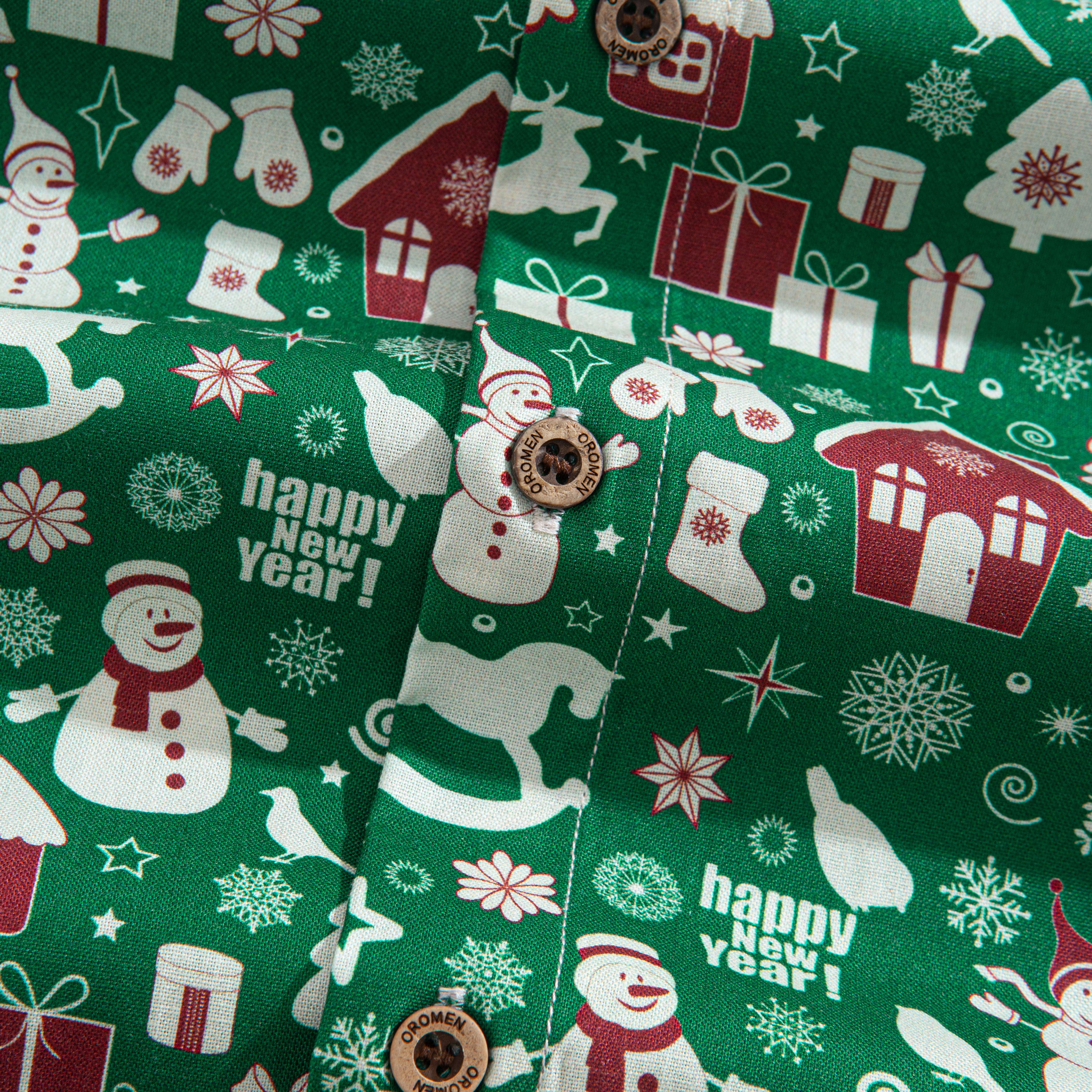 OROMEN Christmas In The Snow Shirt – Branded Coconut Button Close-Up, Green Christmas Print Cotton Fabric