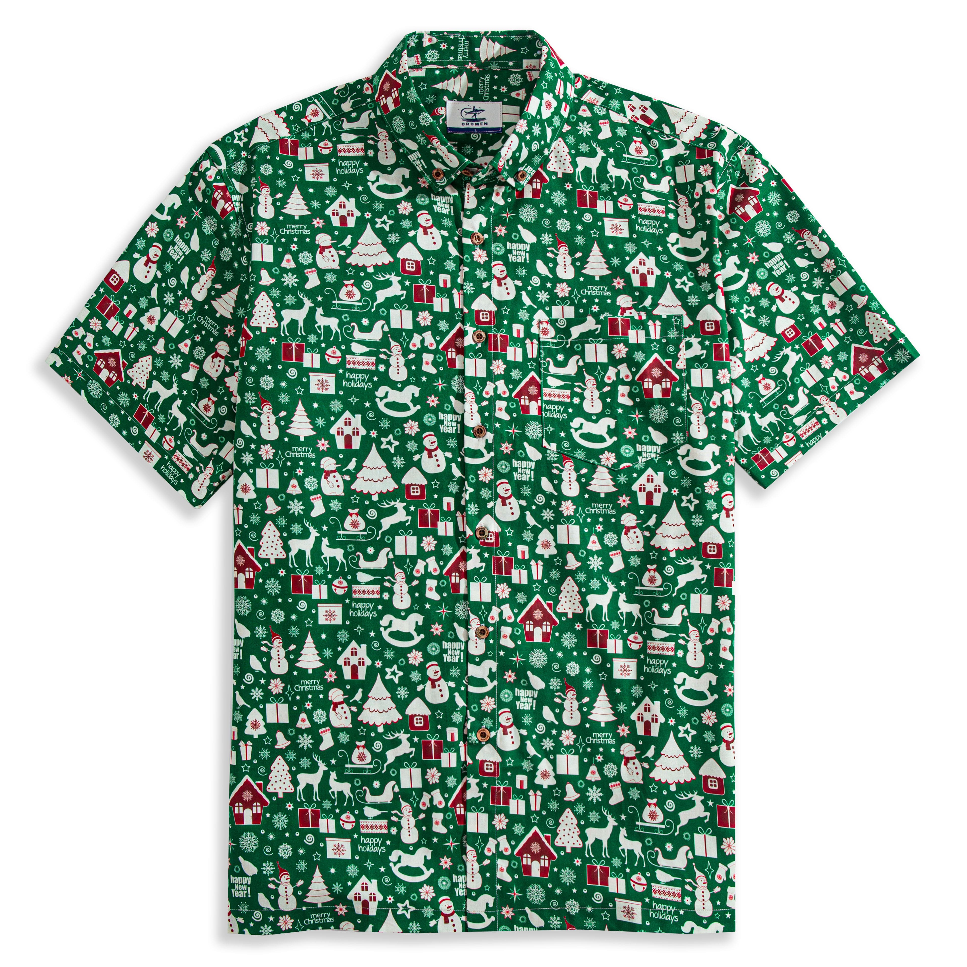 OROMEN Christmas In The Snow Shirt – Front Flat Lay, Green Retro Christmas All-Over Print