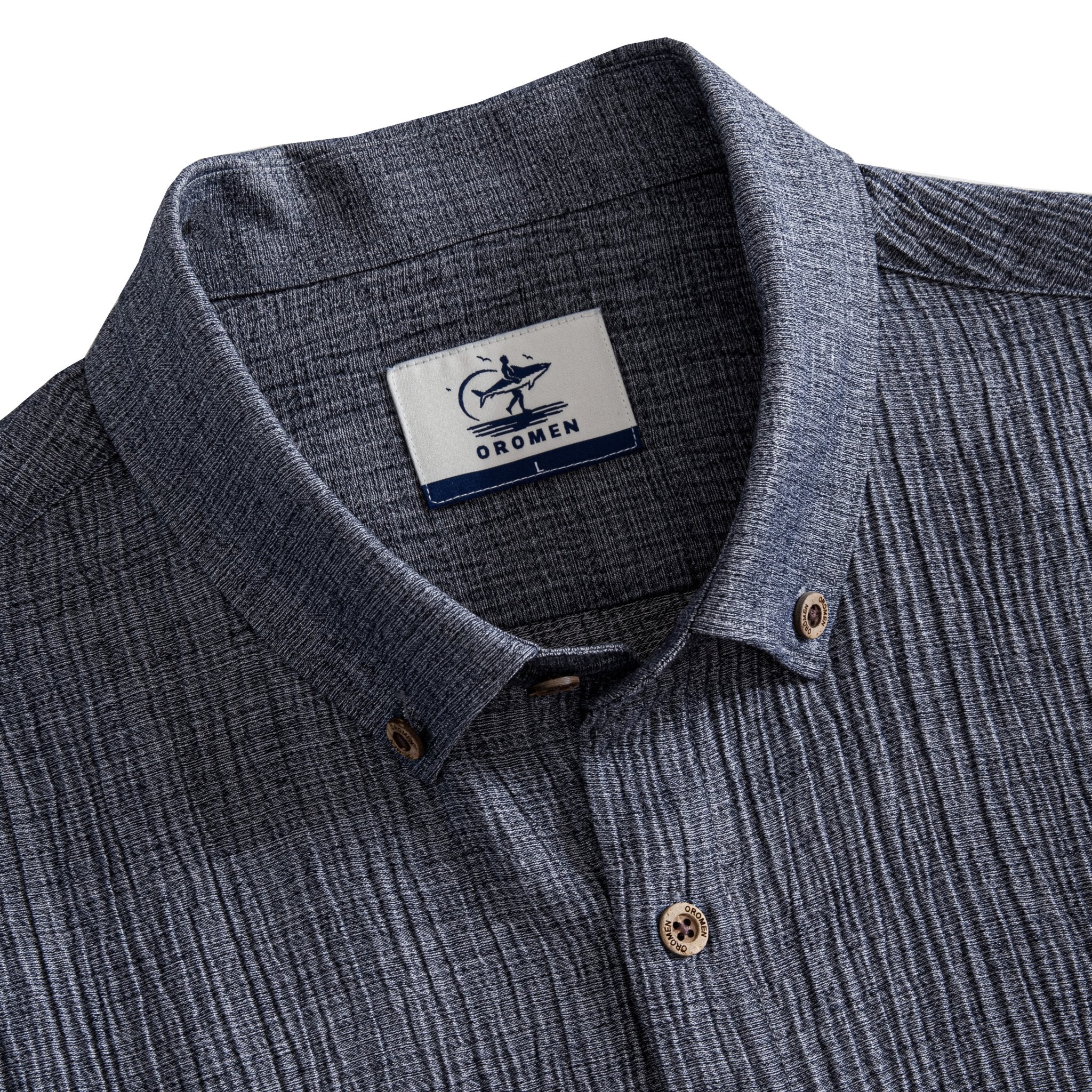 OROMEN Crinkle Shirt – Collar and Shoulder Detail Melange Navy