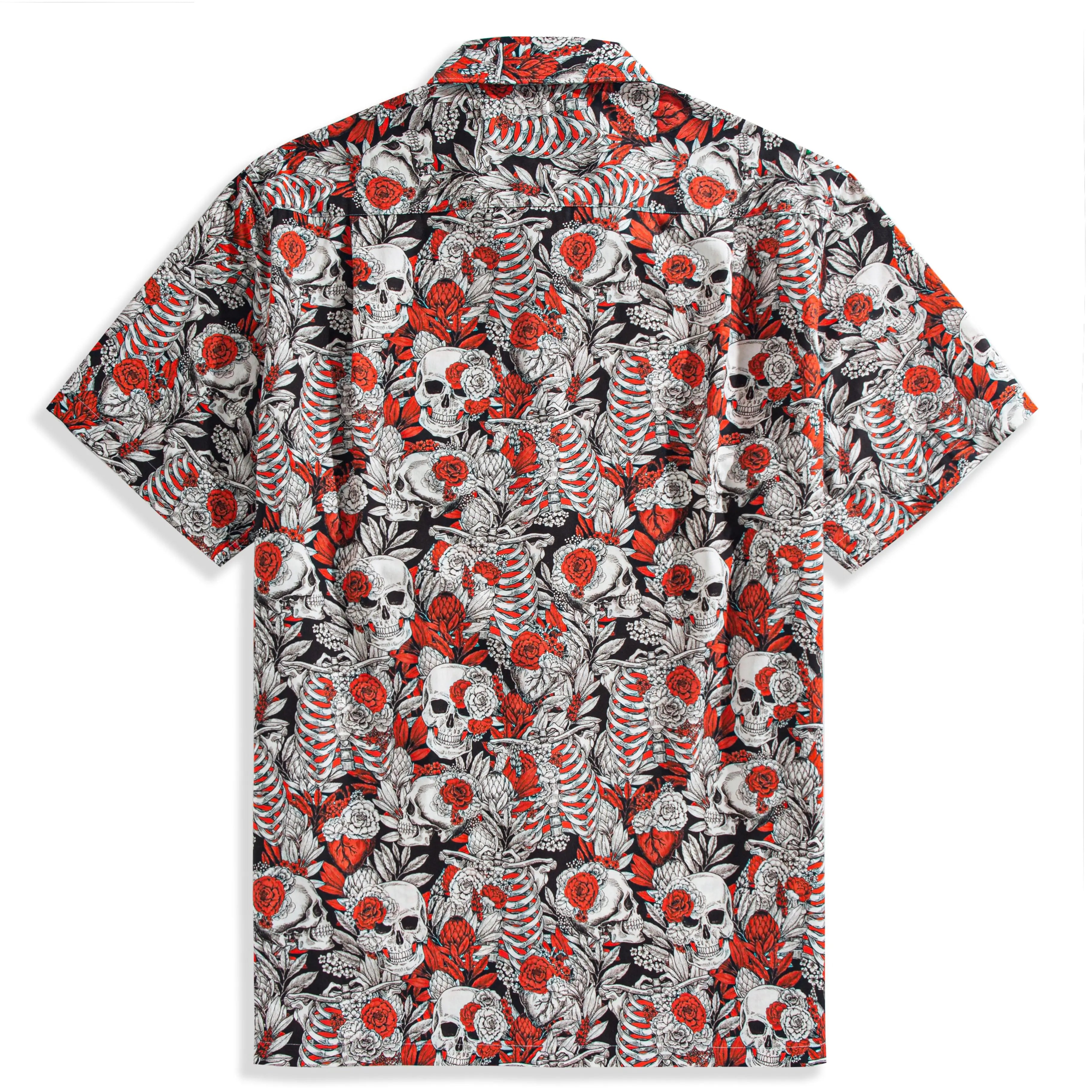 OROMEN Dark Night Rose Aloha Shirt – Back View Full Skull & Red Rose Print