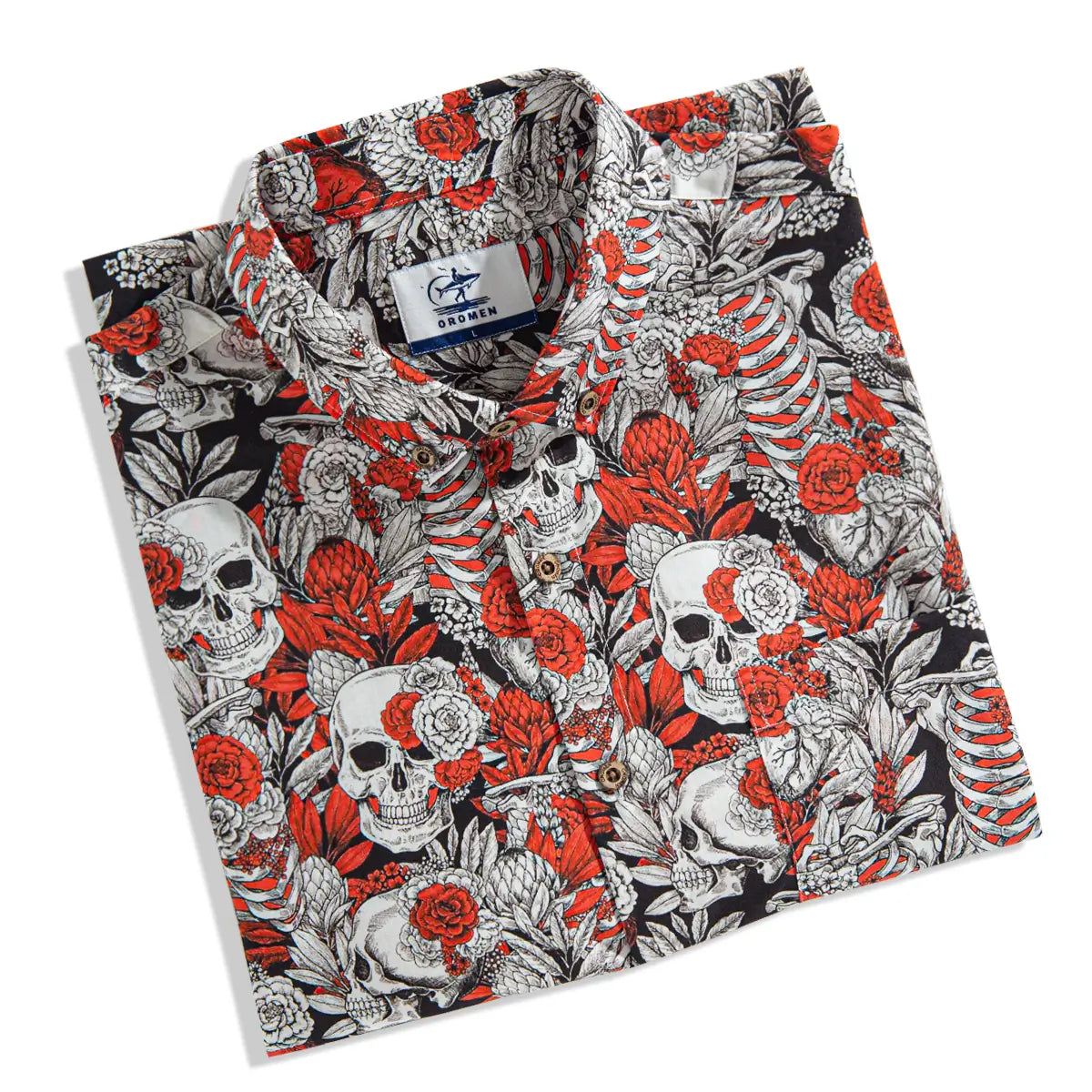 OROMEN Dark Night Rose Hawaiian Shirt – Folded Display Skull Floral All-Over Print