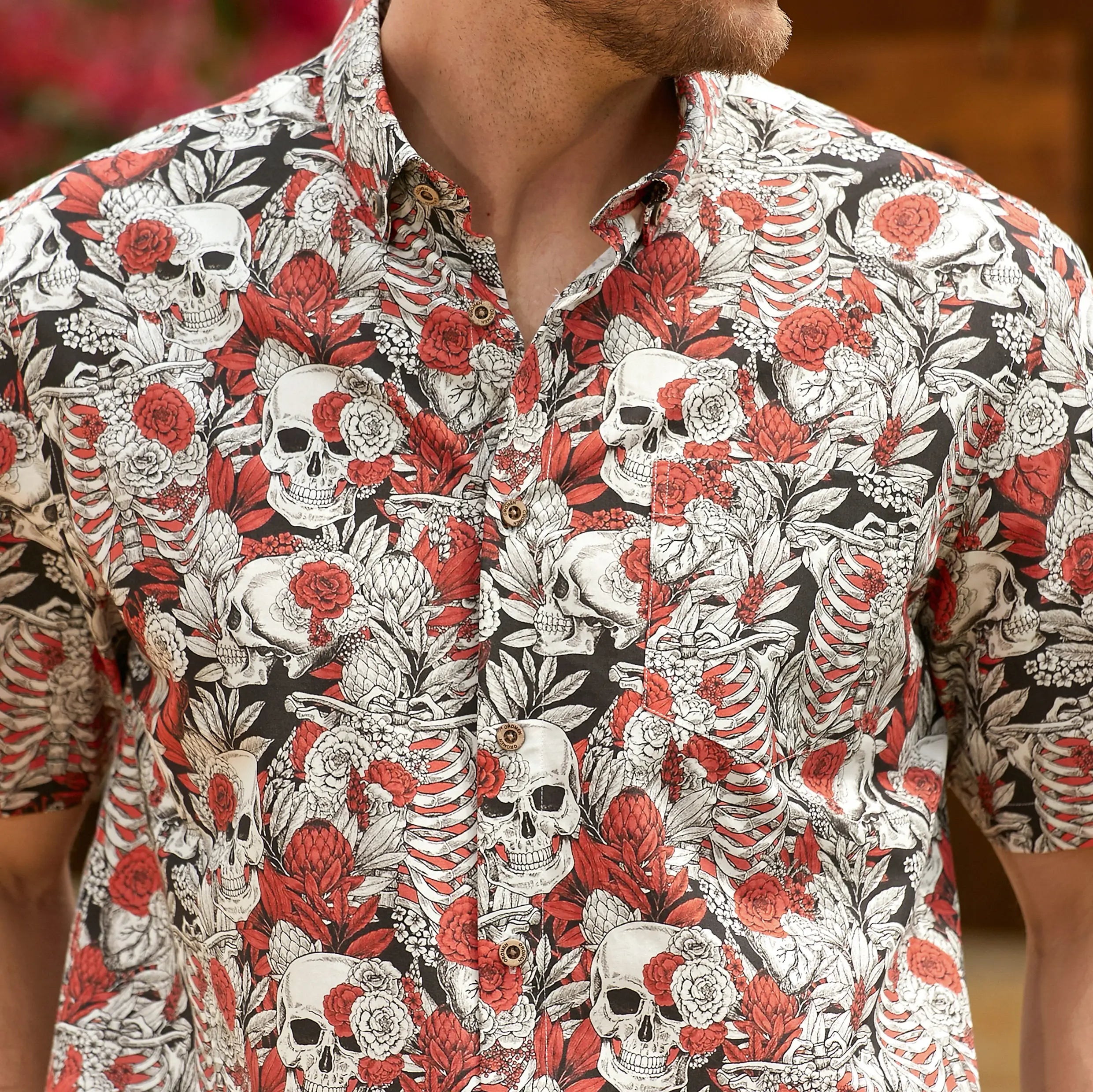 OROMEN Dark Night Rose Shirt – Front Detail Skull Rose Print on Black Background
