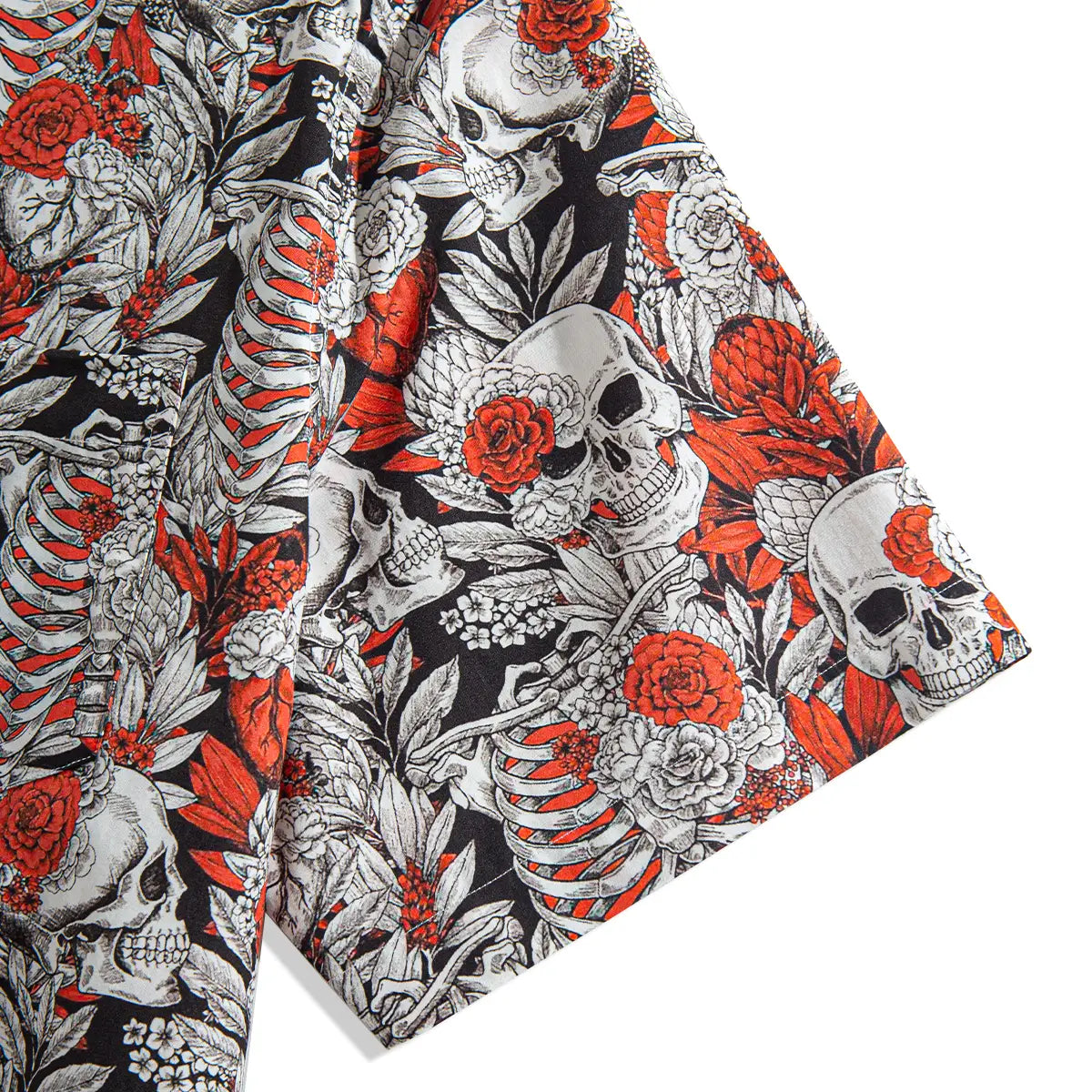 OROMEN Dark Night Rose Shirt – Short Sleeve & Hem Detail Skull Rose Print