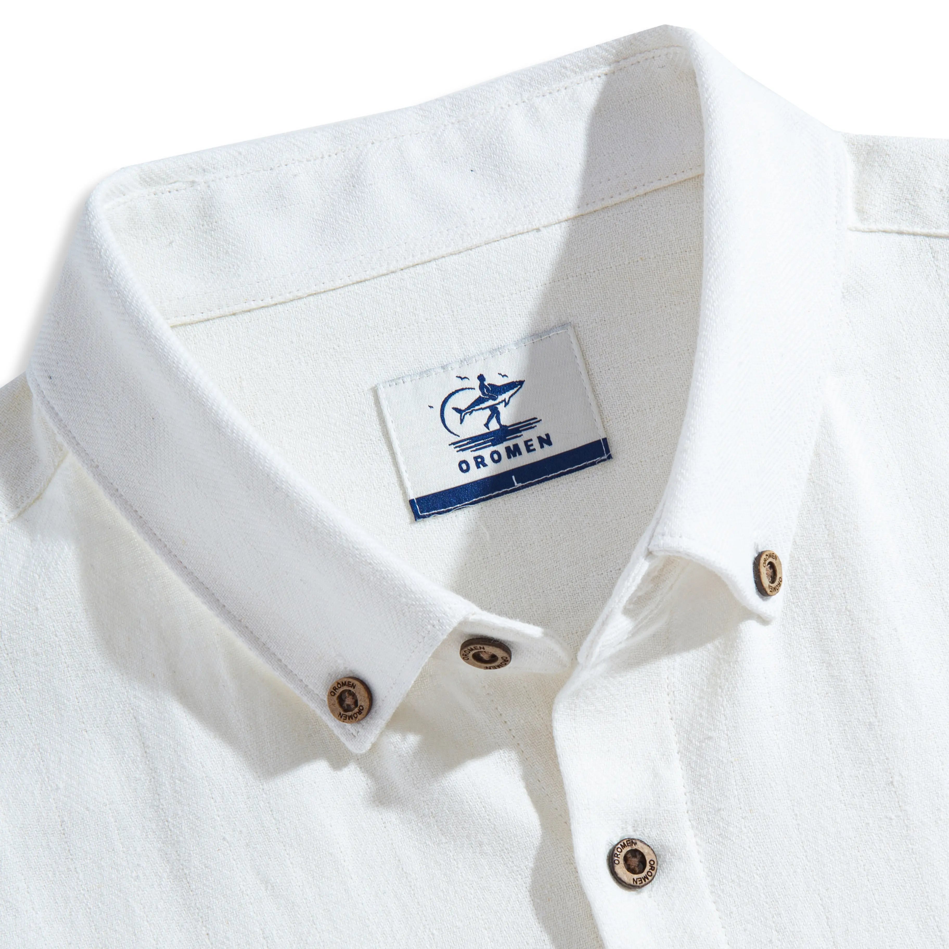 OROMEN Embossed Striped Shirt button-down collar detail – white Tencel™ linen with structured collar