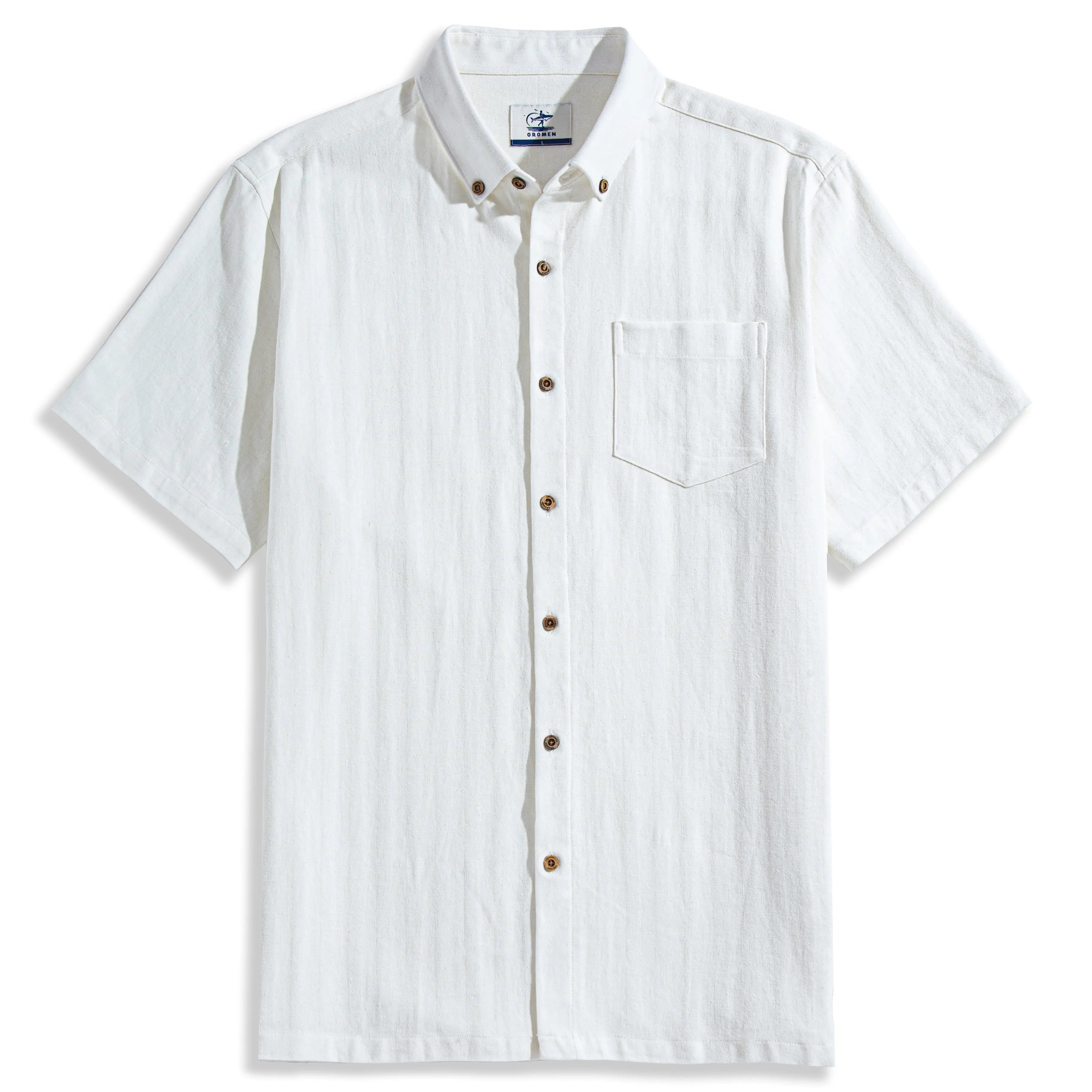 OROMEN Embossed Striped Shirt flat lay – white Tencel™ linen blend with subtle tonal stripe and coconut buttons