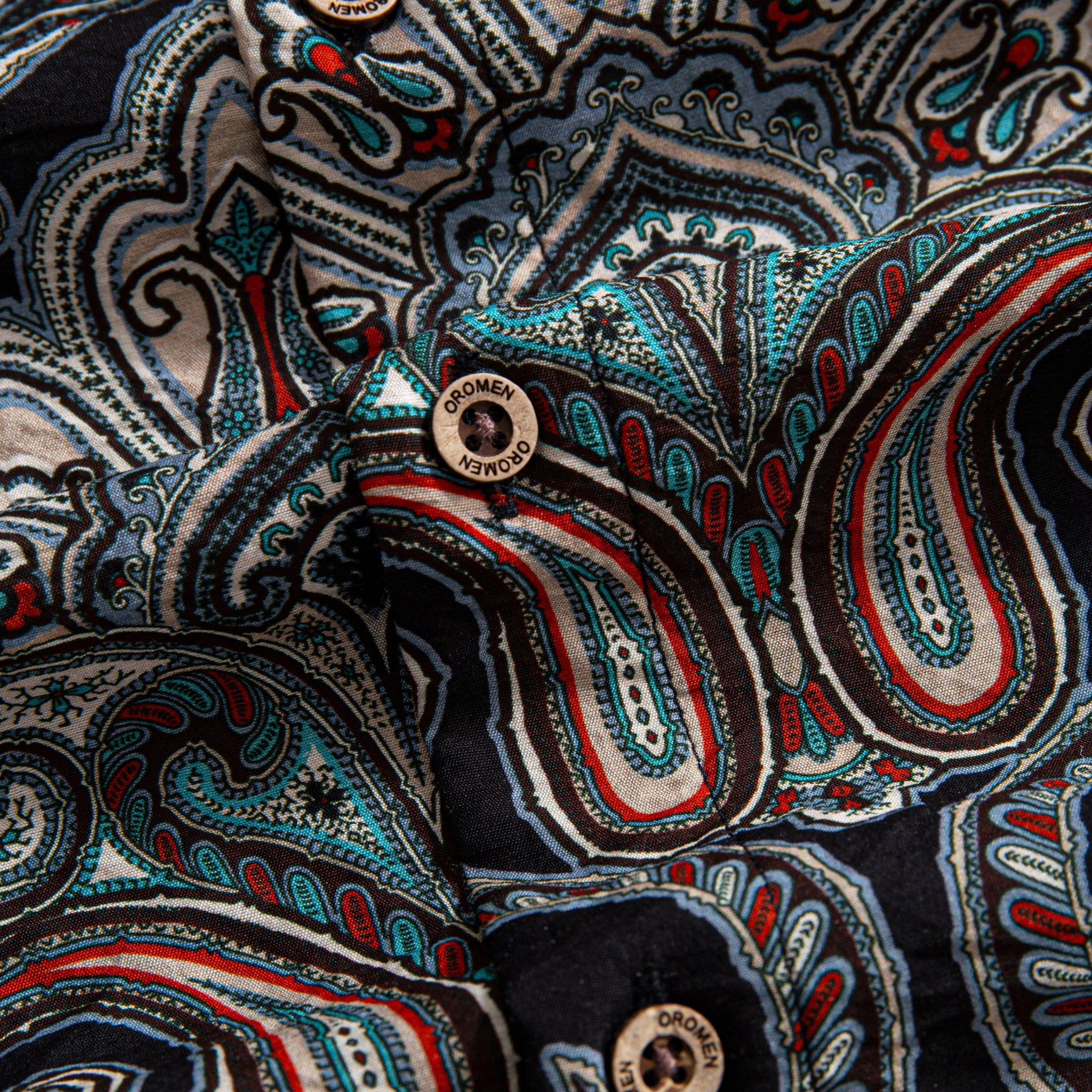 OROMEN Engraved Coconut Button Detail – Nostalgic Paisley Hawaiian Shirt – Black Teal