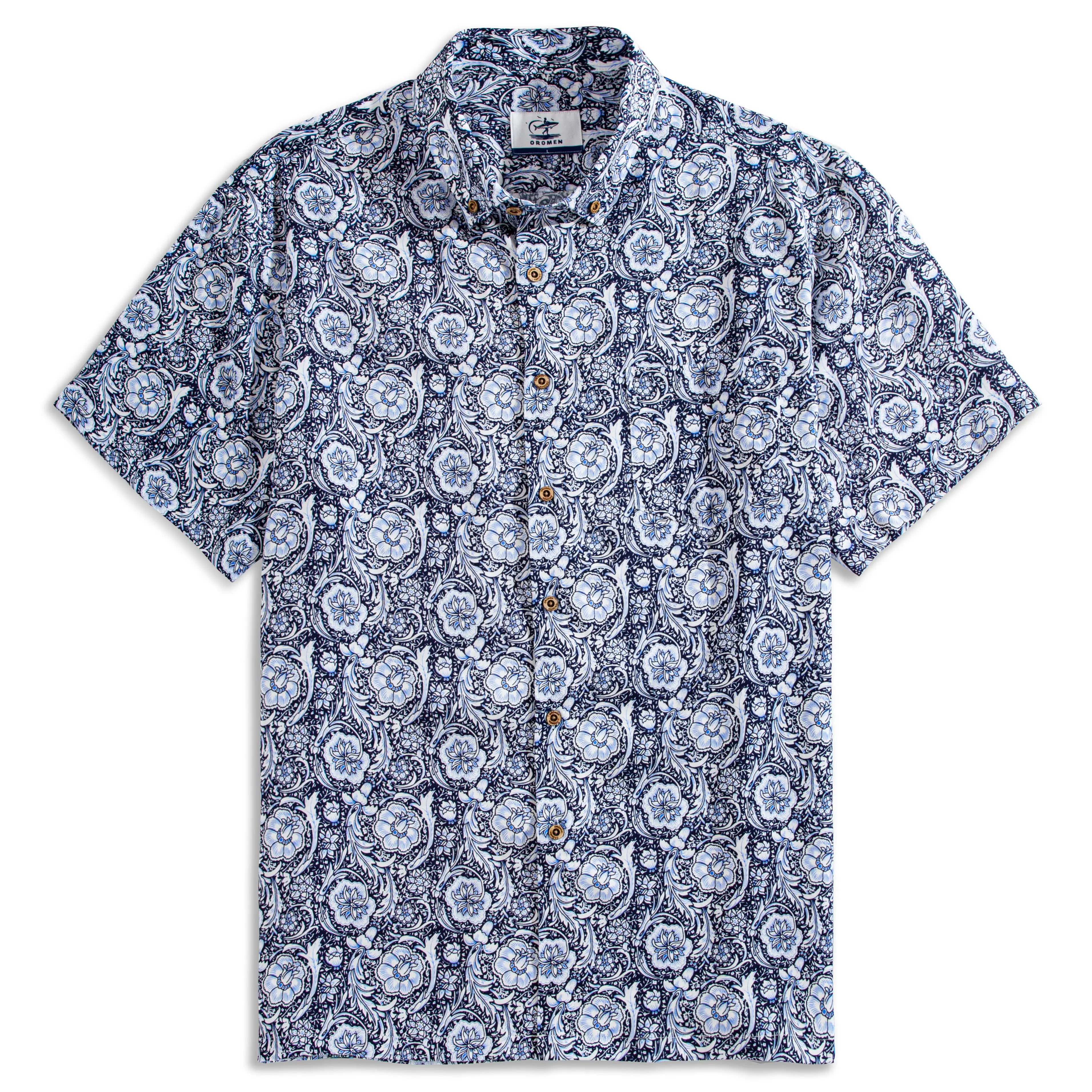 OROMEN Finesse Hall Hawaiian Shirt flat lay front view — navy blue Arts & Crafts floral print