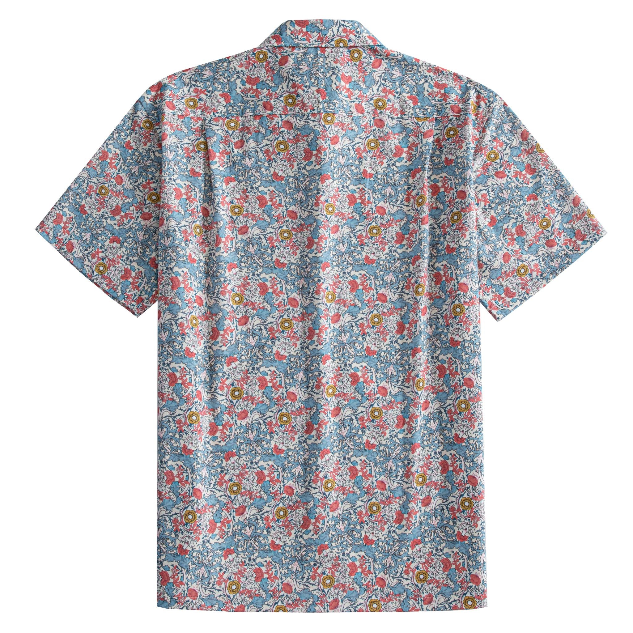 OROMEN Floral Garden Hawaiian Shirt – Back Flat Lay, Full Pink & Blue Botanical All-Over Print