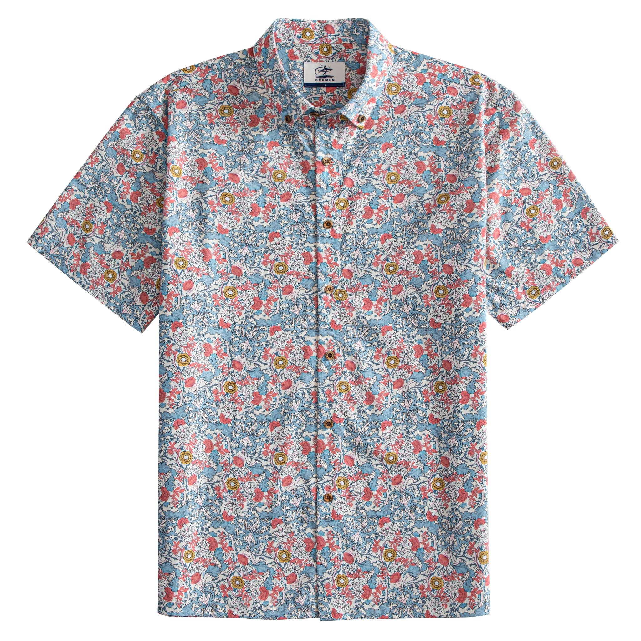 OROMEN Floral Garden Hawaiian Shirt – Front Flat Lay, Pink Peony & Blue Botanical All-Over Print