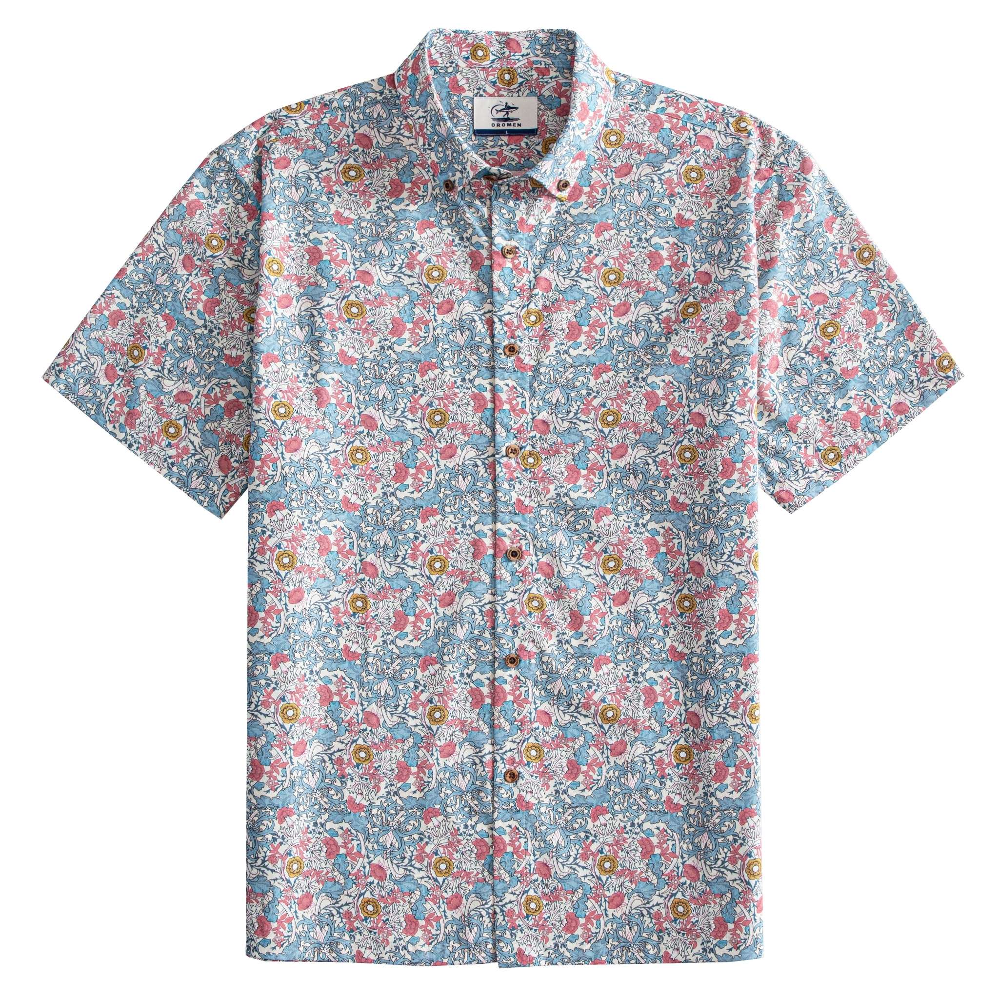 OROMEN Floral Garden Hawaiian Shirt – Front Model Wear, Pink Blue Floral Print